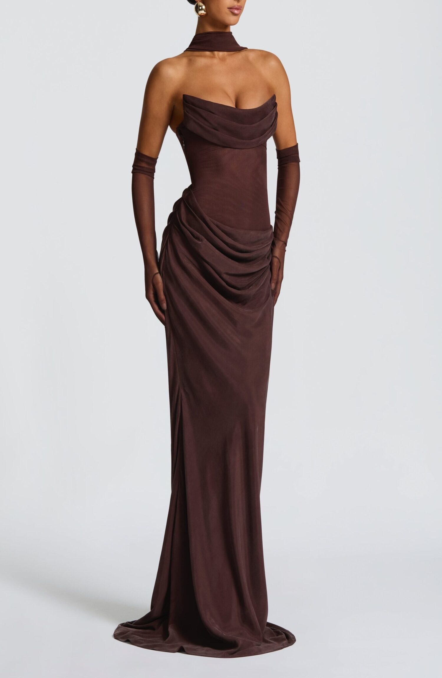 Liora Maxi Dress Plum Brown Strapless Cowl Neck Lace-Up Back Fit Flare - Image 10
