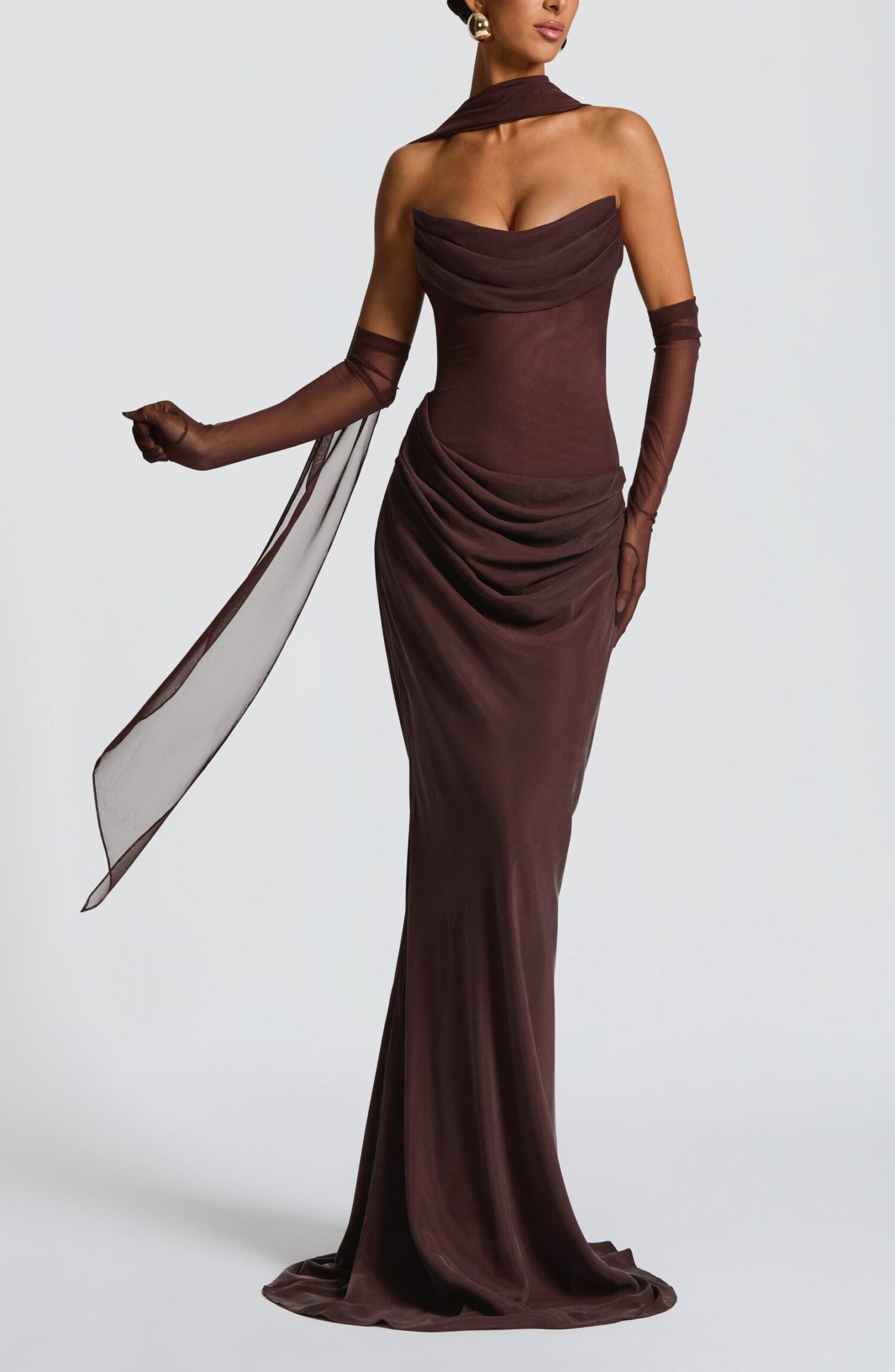Liora Maxi Dress Plum Brown Strapless Cowl Neck Lace-Up Back Fit Flare - Image 8