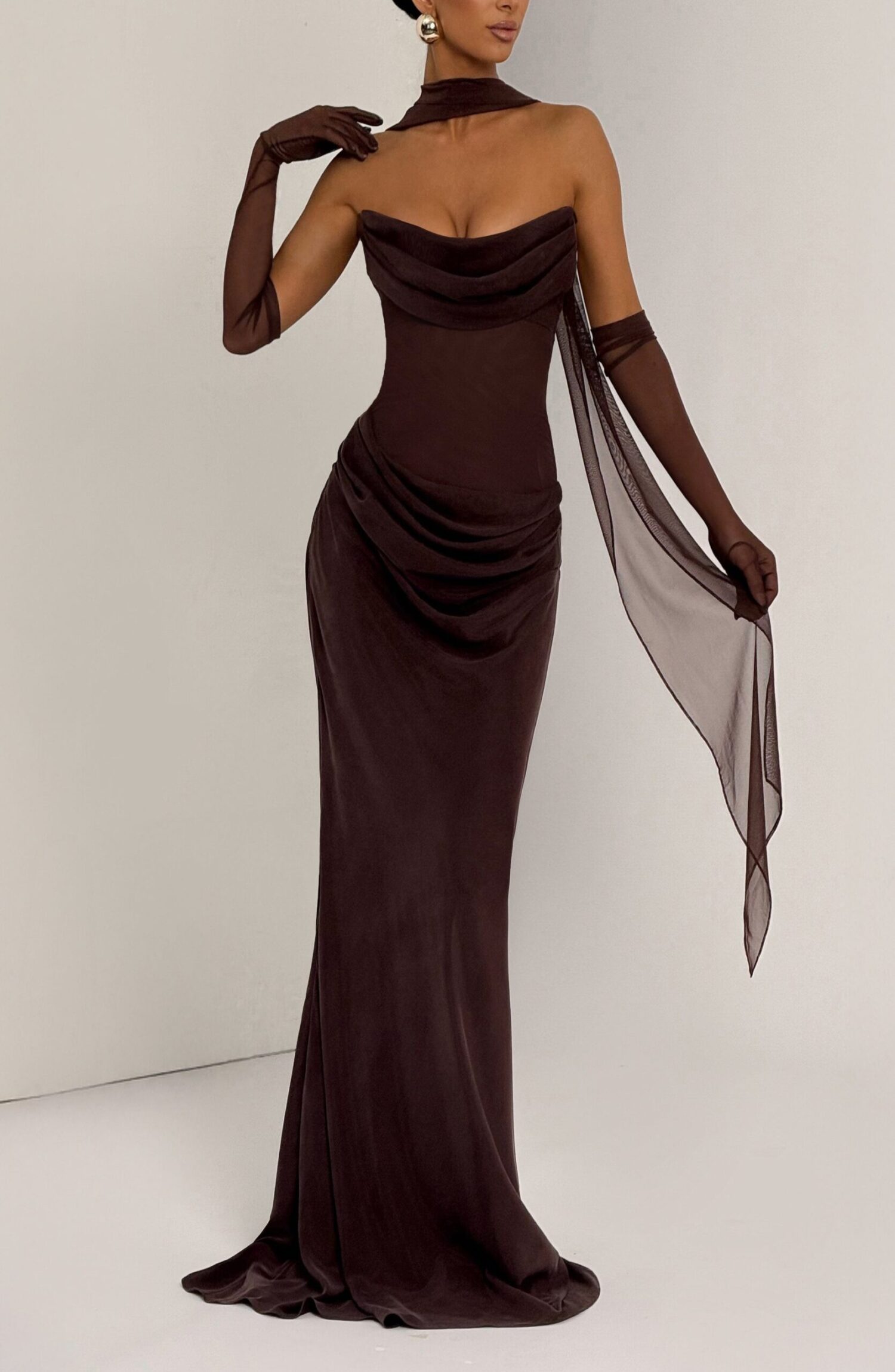 Liora Maxi Dress Plum Brown Strapless Cowl Neck Lace-Up Back Fit Flare - Image 9