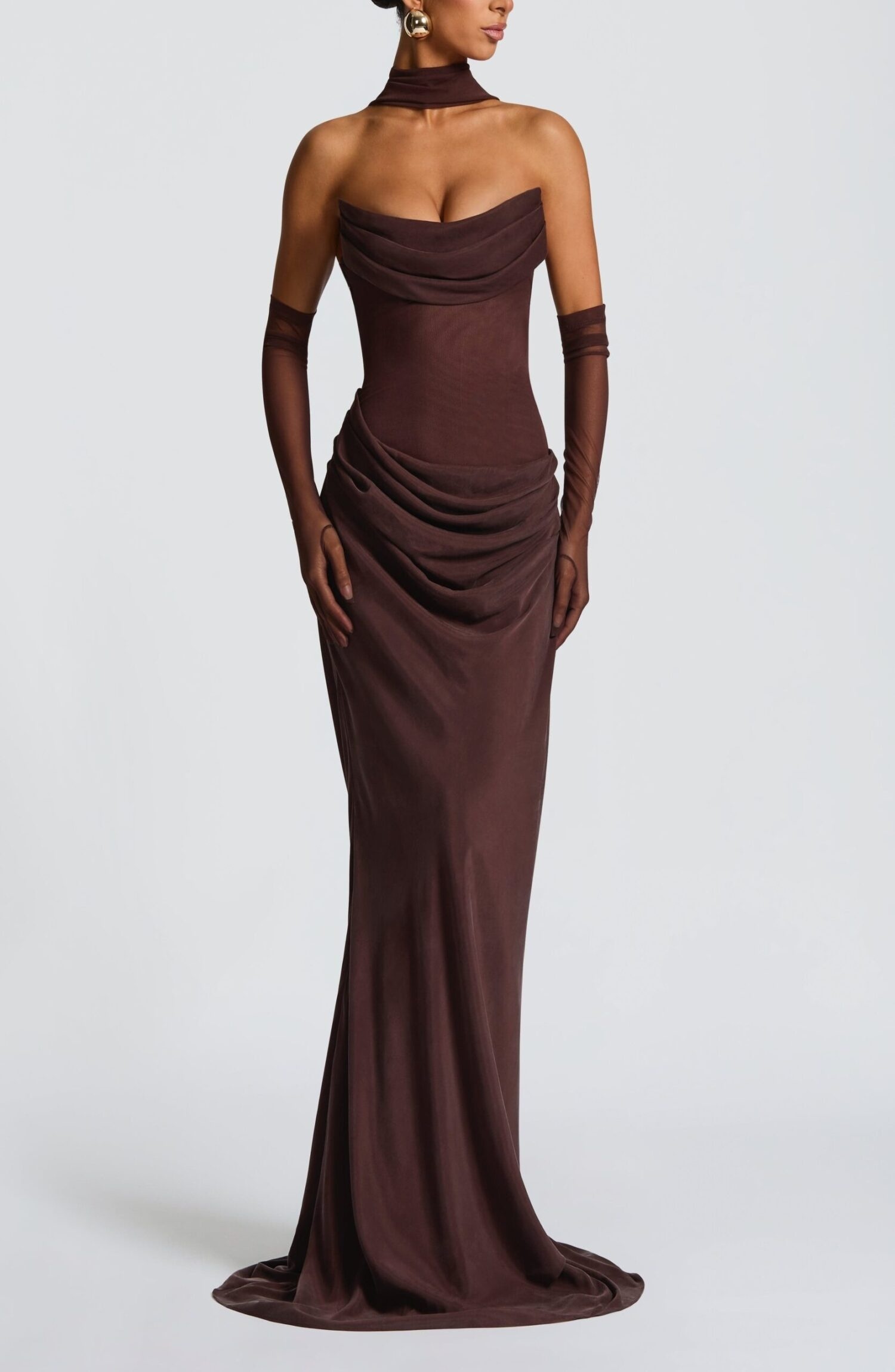 Liora Maxi Dress Plum Brown Strapless Cowl Neck Lace-Up Back Fit Flare - Image 3