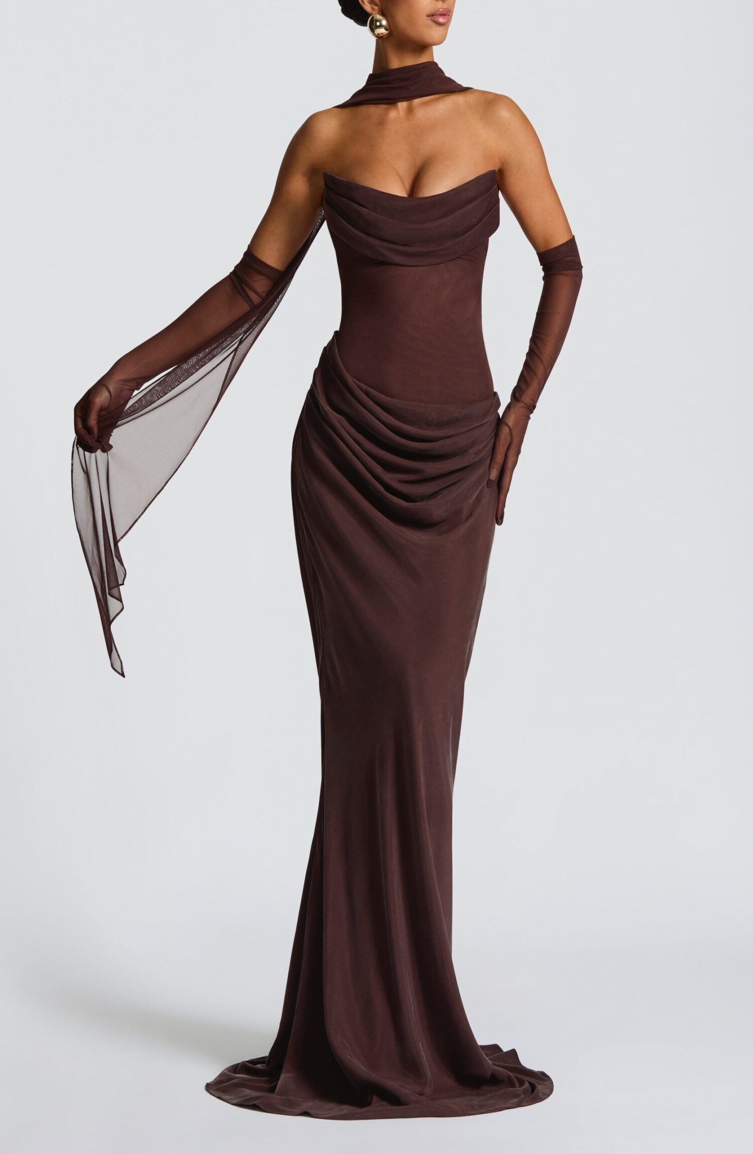 Liora Maxi Dress Plum Brown Strapless Cowl Neck Lace-Up Back Fit Flare