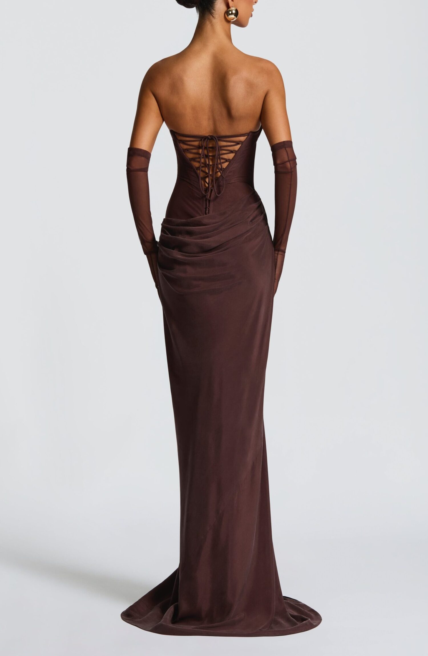 Liora Maxi Dress Plum Brown Strapless Cowl Neck Lace-Up Back Fit Flare - Image 2