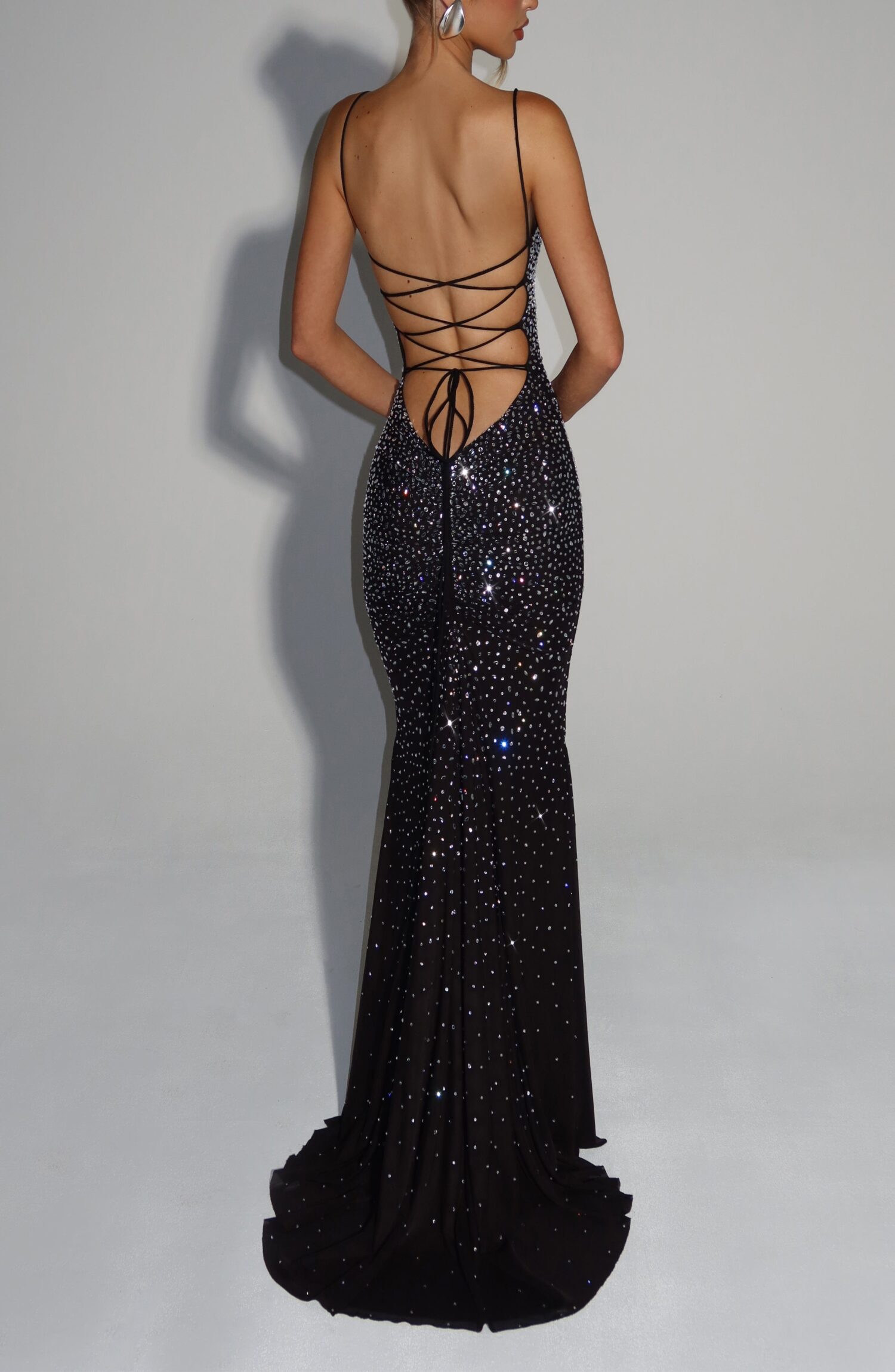 Lorelei Black Rhinestone Mesh Gown - Square Neck, Lace-Up Back - Image 6