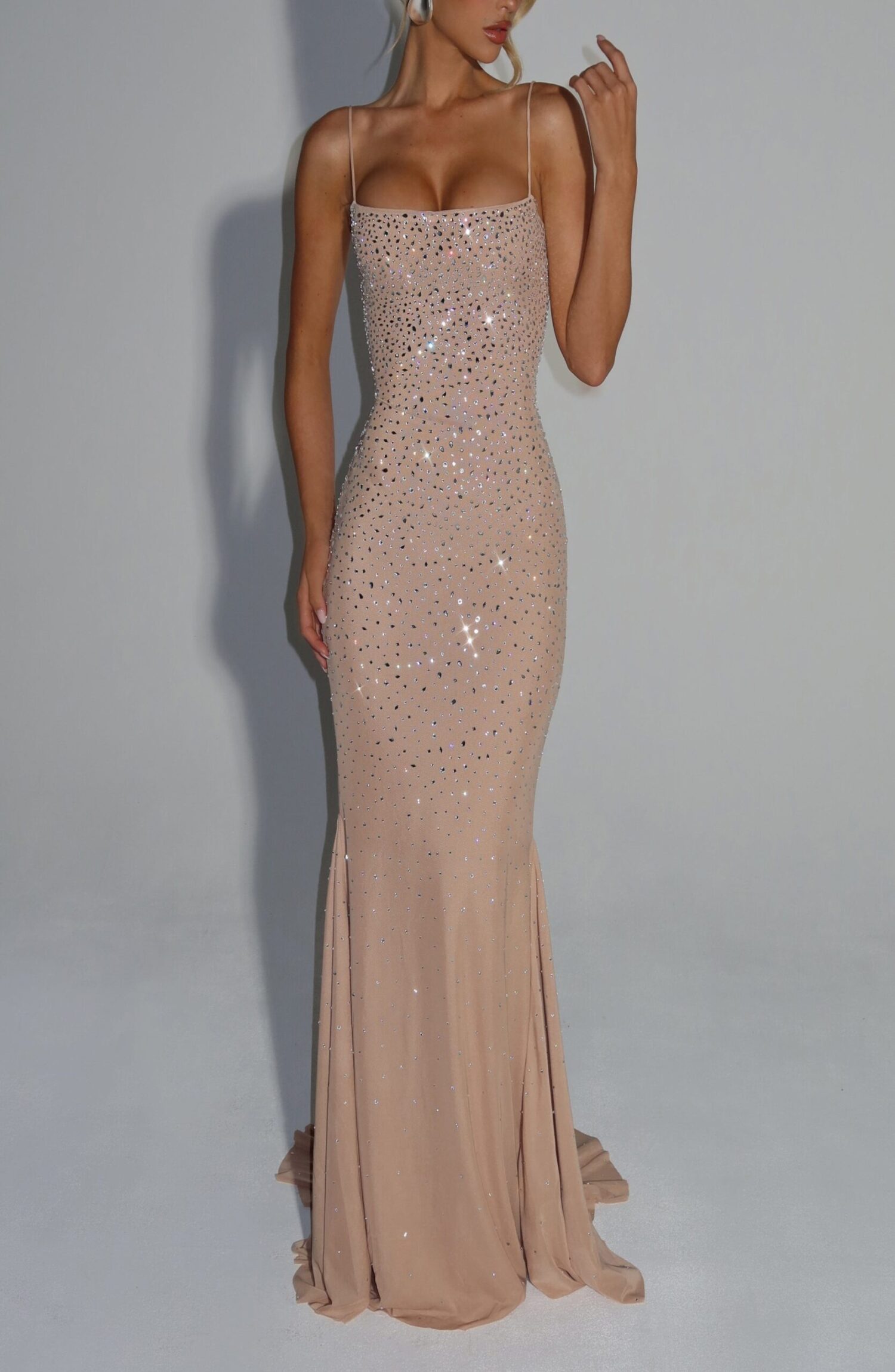 Lorelei Nude Rhinestone Mesh Gown - Square Neck, Lace-Up Back - Image 6