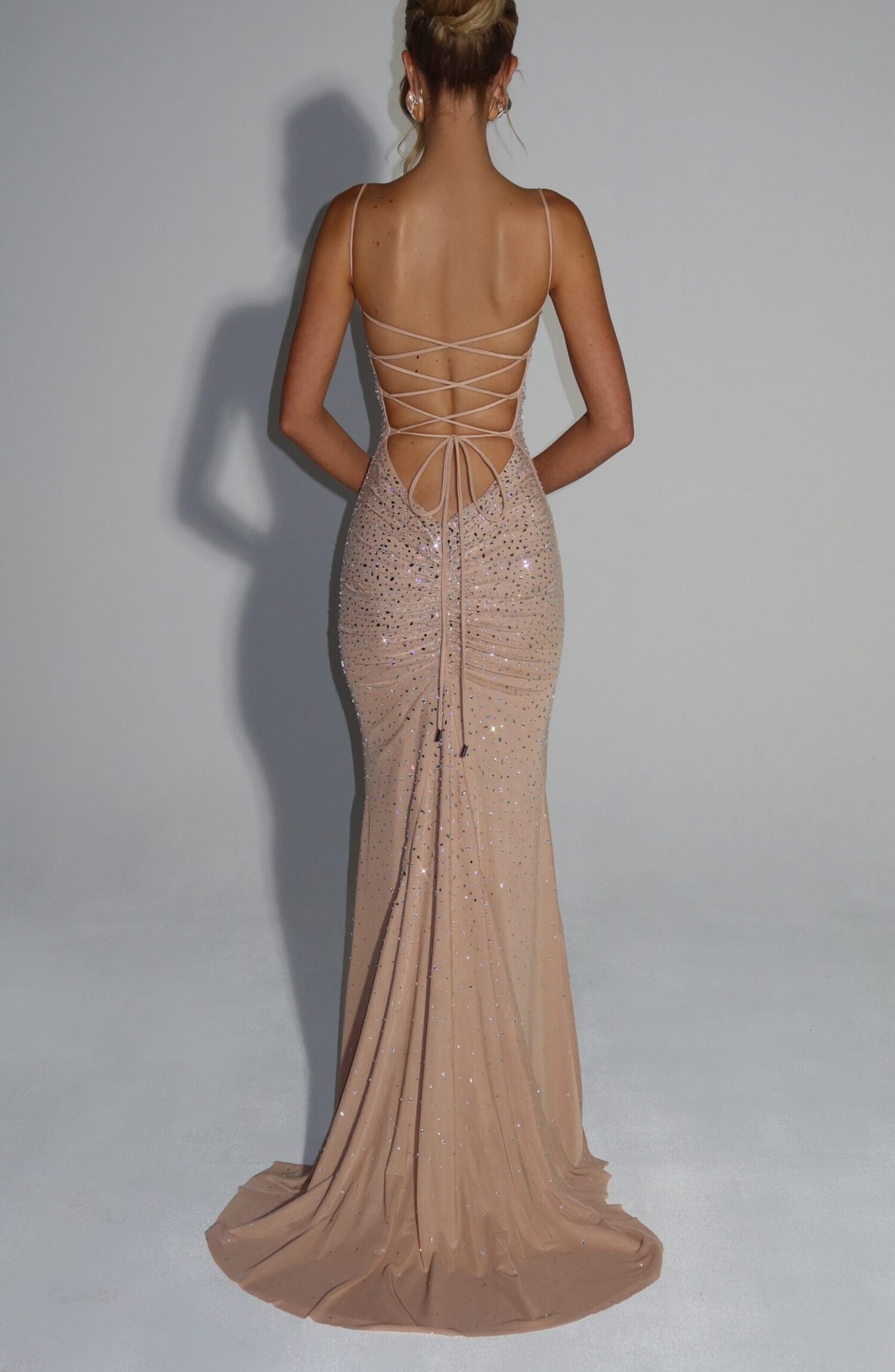Lorelei Nude Rhinestone Mesh Gown - Square Neck, Lace-Up Back - Image 5