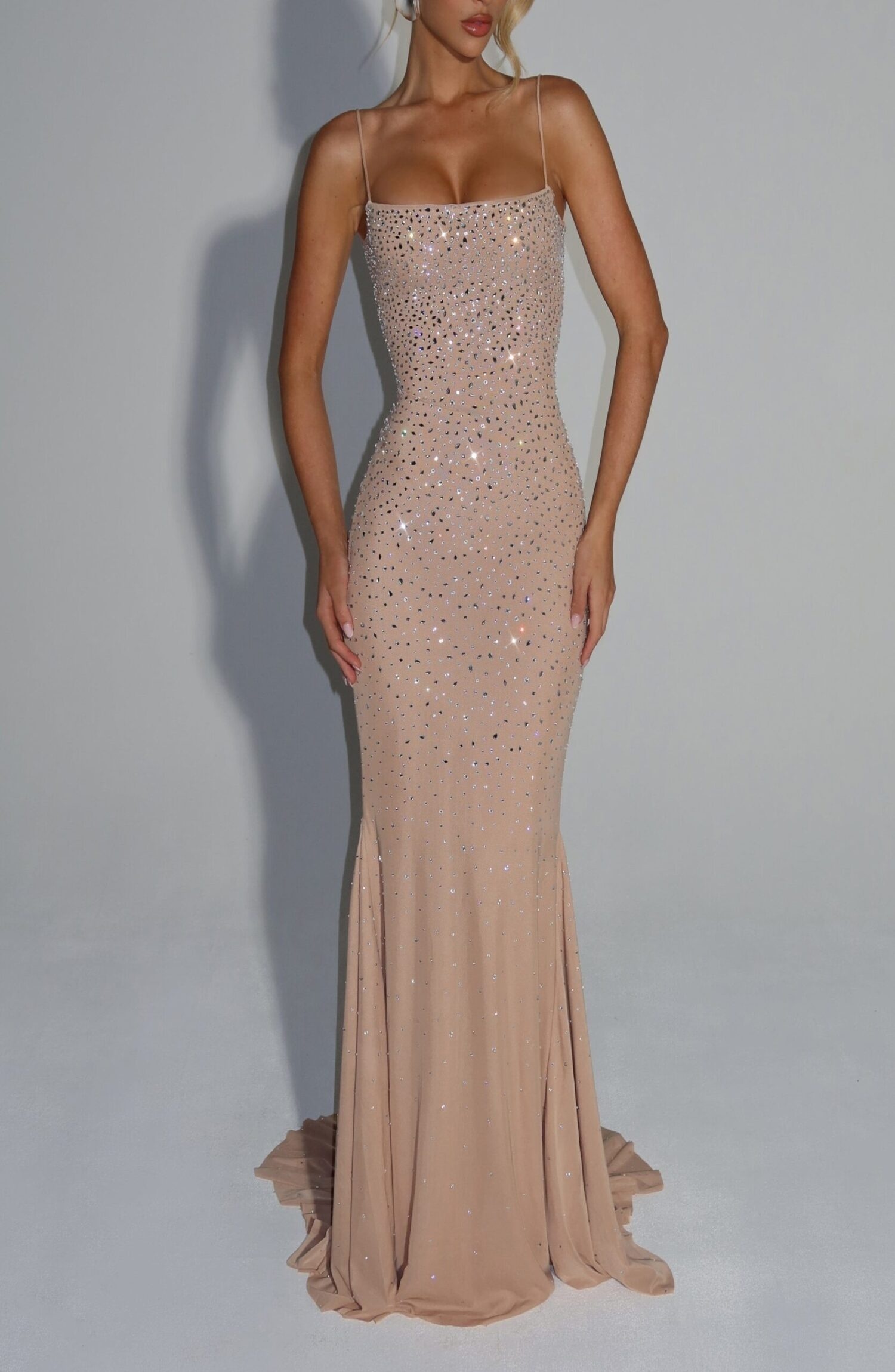 Lorelei Nude Rhinestone Mesh Gown - Square Neck, Lace-Up Back - Image 4