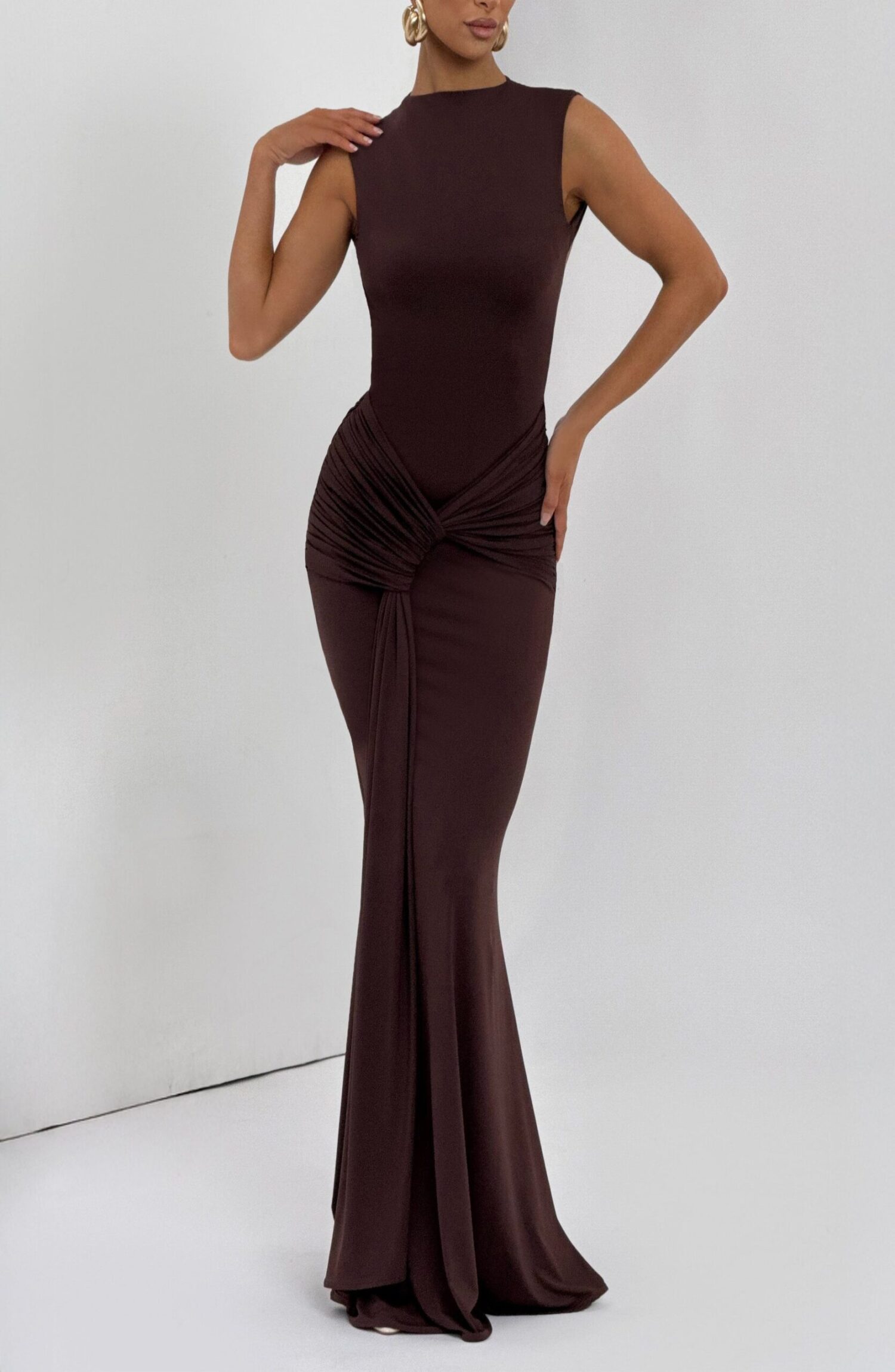 Lorenza Maxi Dress Plum Brown - Elegant Fit & Flare Jersey Evening Gown - Image 8
