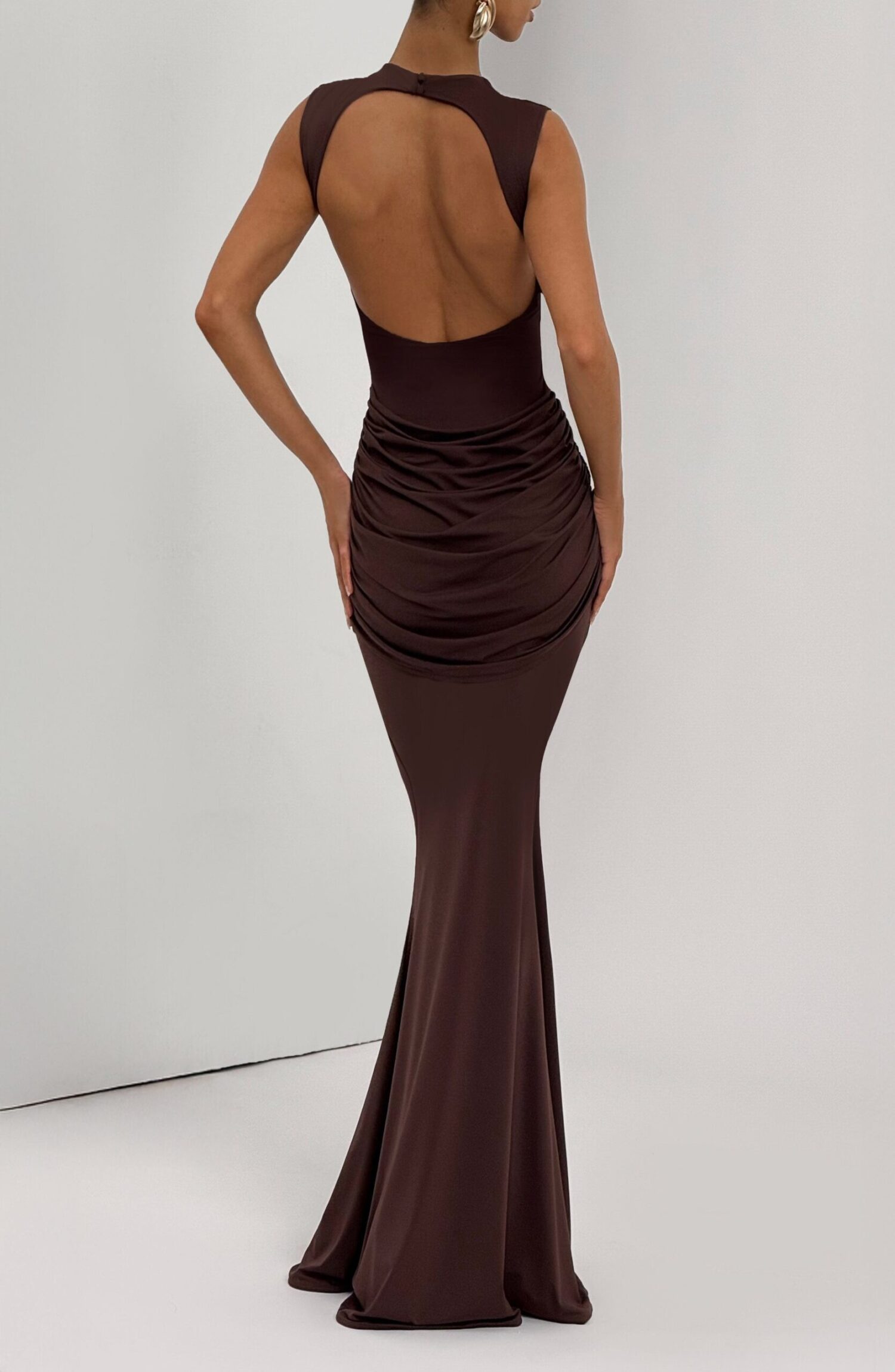 Lorenza Maxi Dress Plum Brown - Elegant Fit & Flare Jersey Evening Gown - Image 9