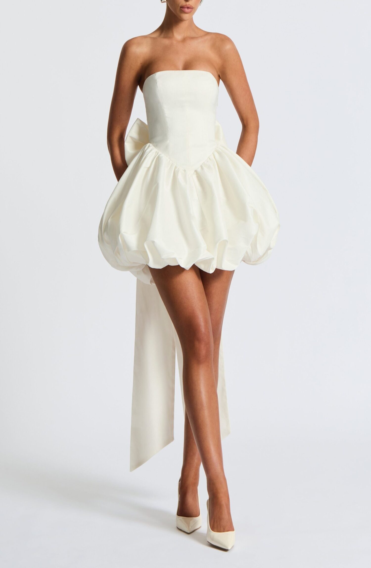 Lotus Mini Dress Ivory Strapless Puff Ball Taffeta Lace-Up Back Bow - Image 9