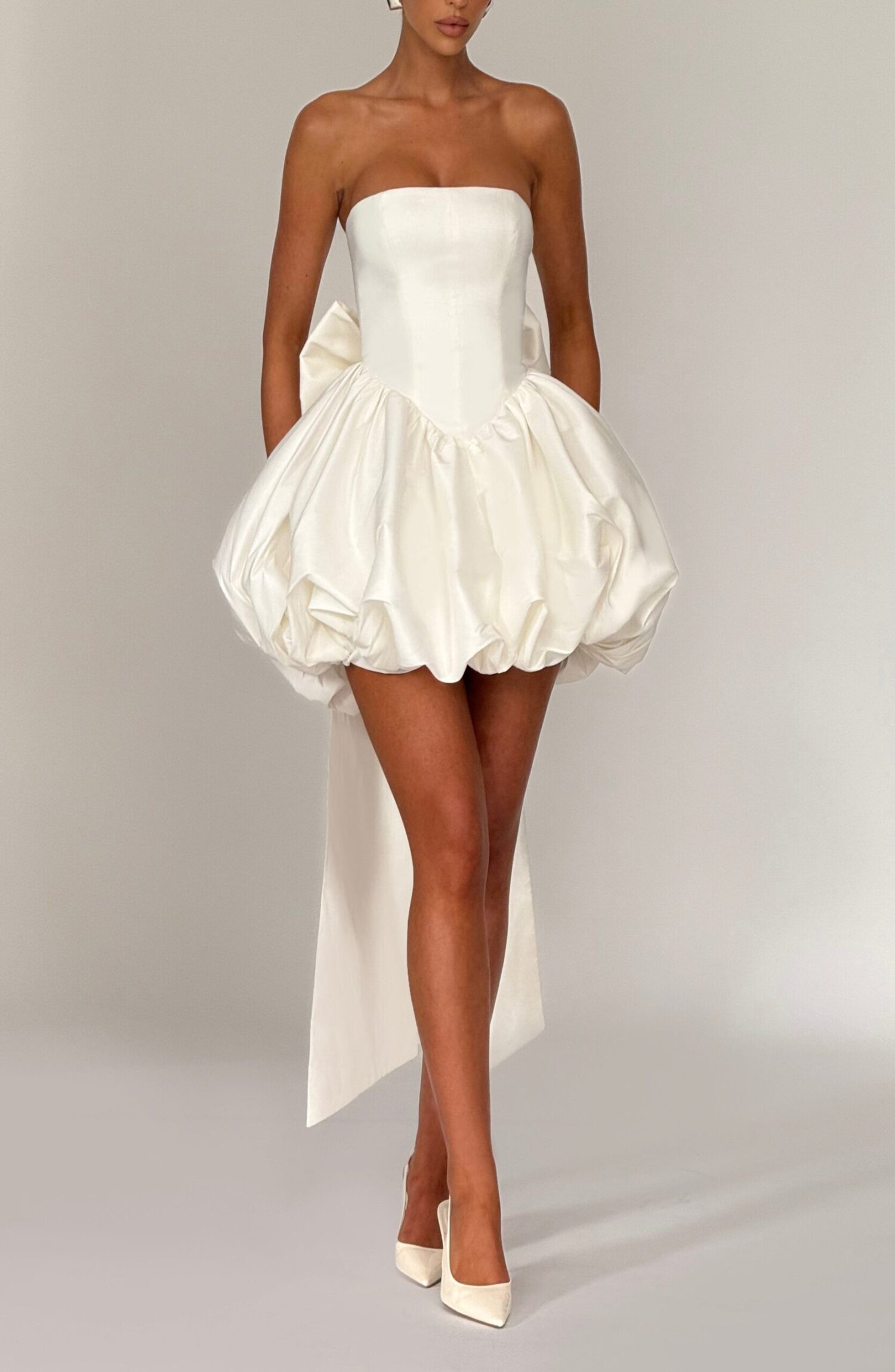 Lotus Mini Dress Ivory Strapless Puff Ball Taffeta Lace-Up Back Bow - Image 3