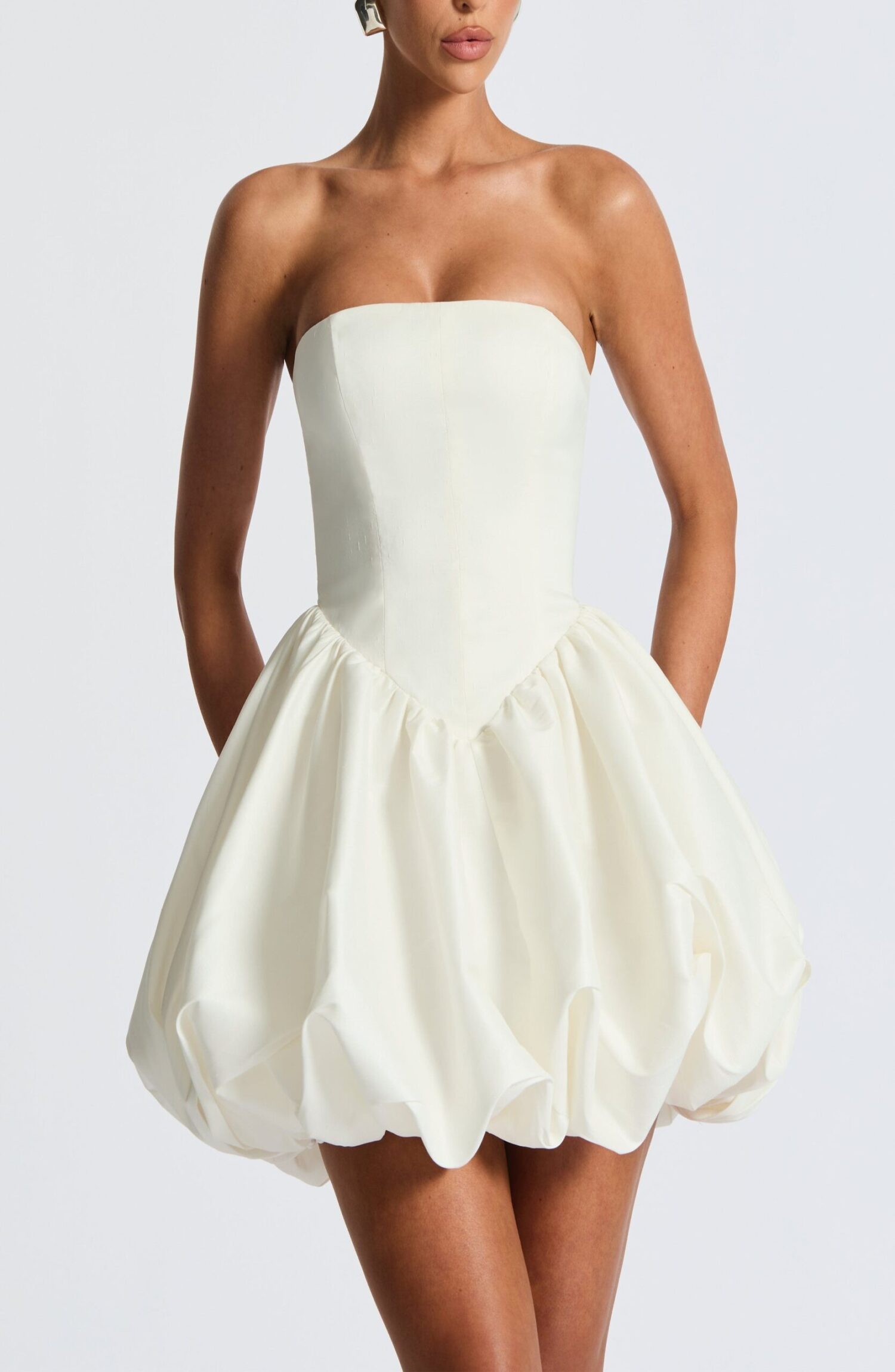 Lotus Mini Dress Ivory Strapless Puff Ball Taffeta Lace-Up Back Bow - Image 7