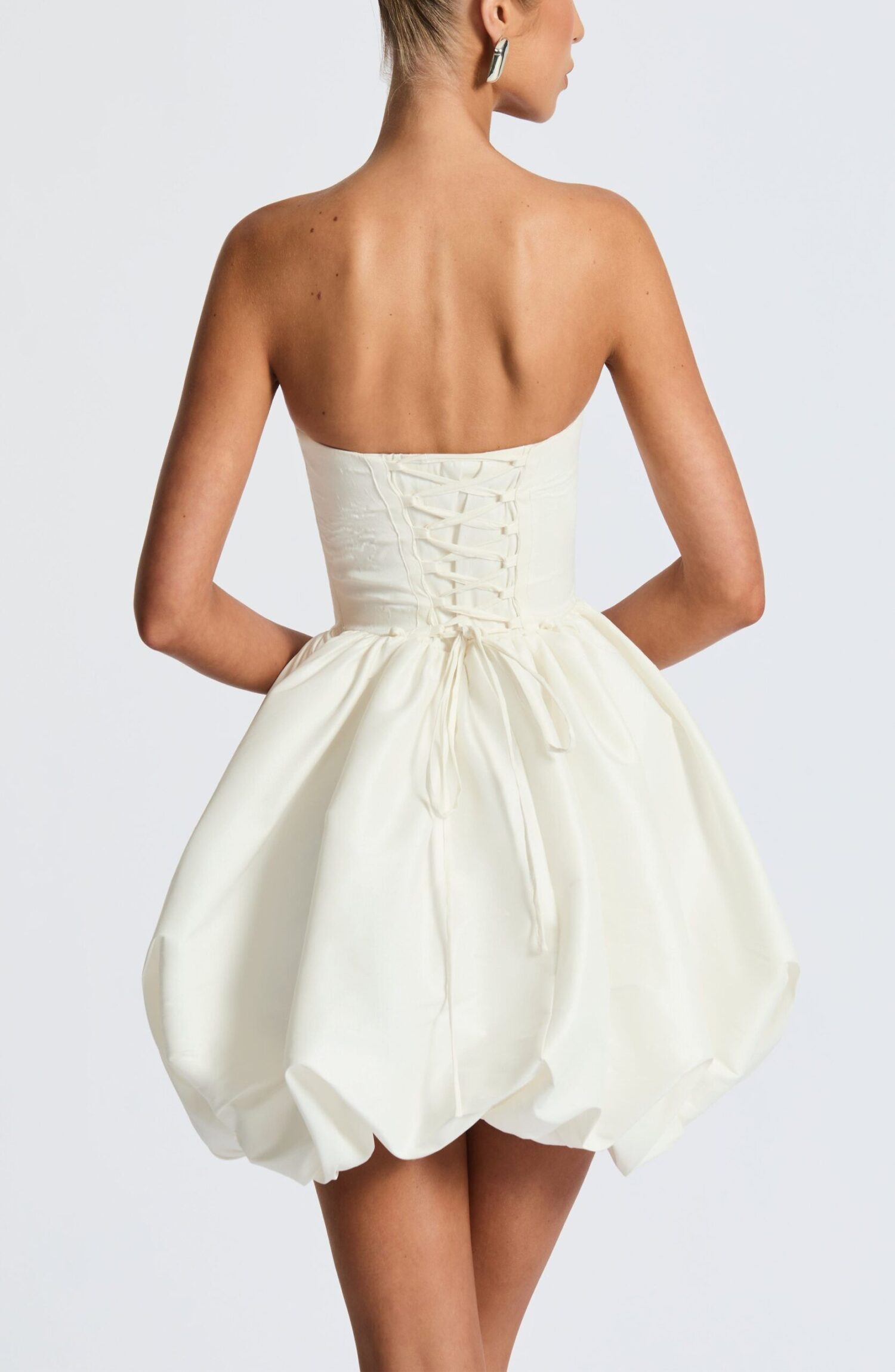 Lotus Mini Dress Ivory Strapless Puff Ball Taffeta Lace-Up Back Bow - Image 8