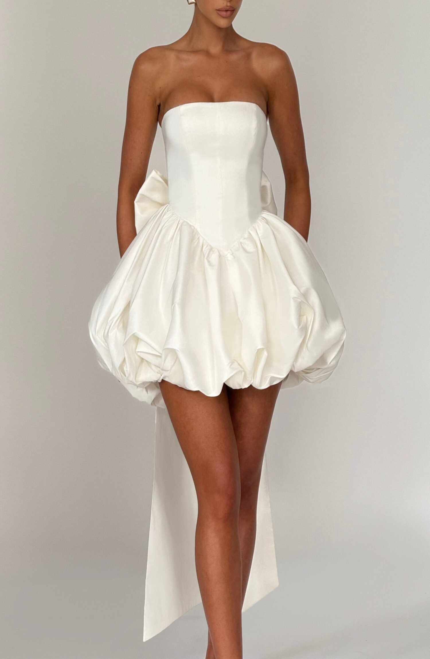 Lotus Mini Dress Ivory Strapless Puff Ball Taffeta Lace-Up Back Bow