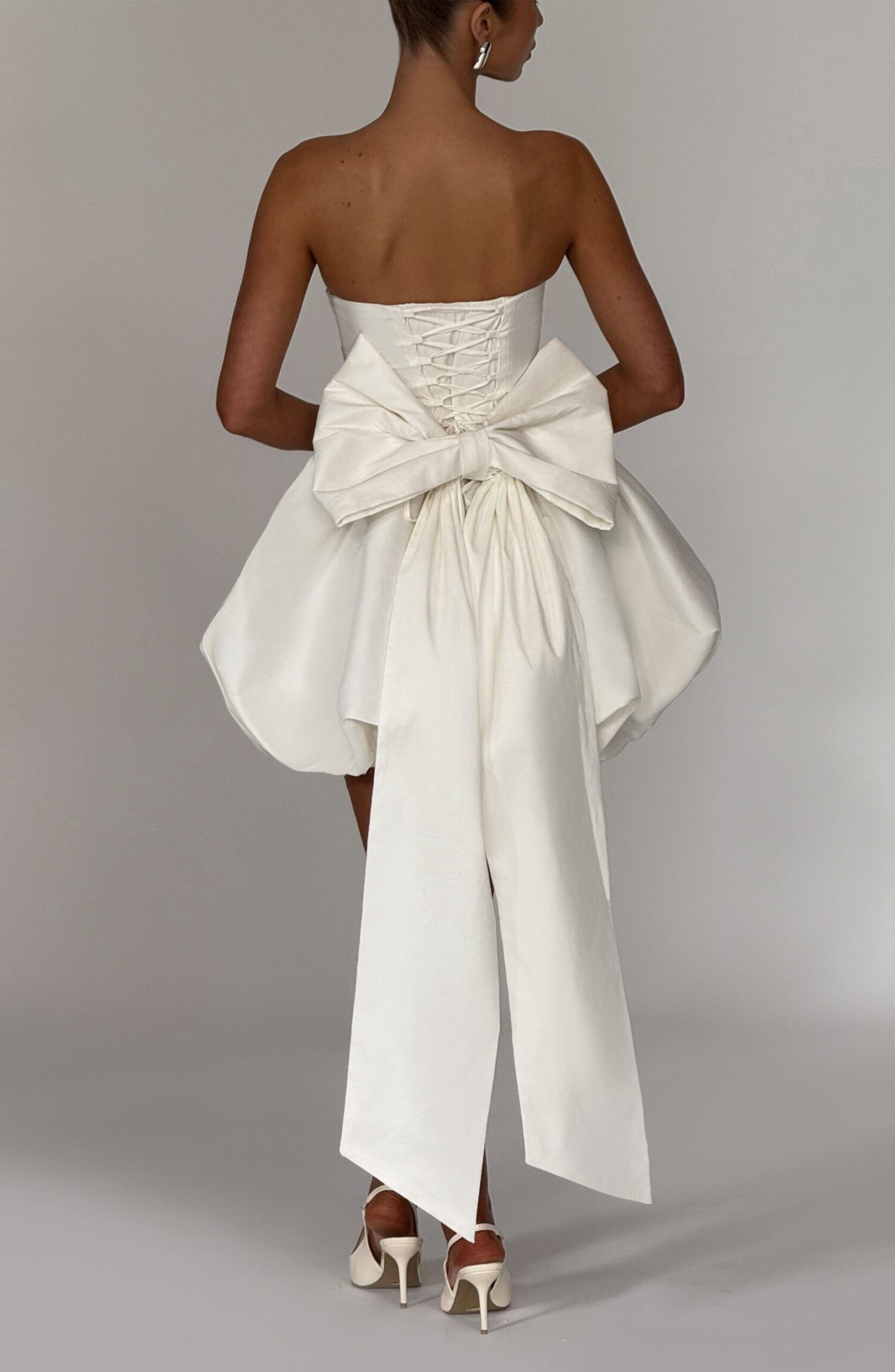 Lotus Mini Dress Ivory Strapless Puff Ball Taffeta Lace-Up Back Bow - Image 2