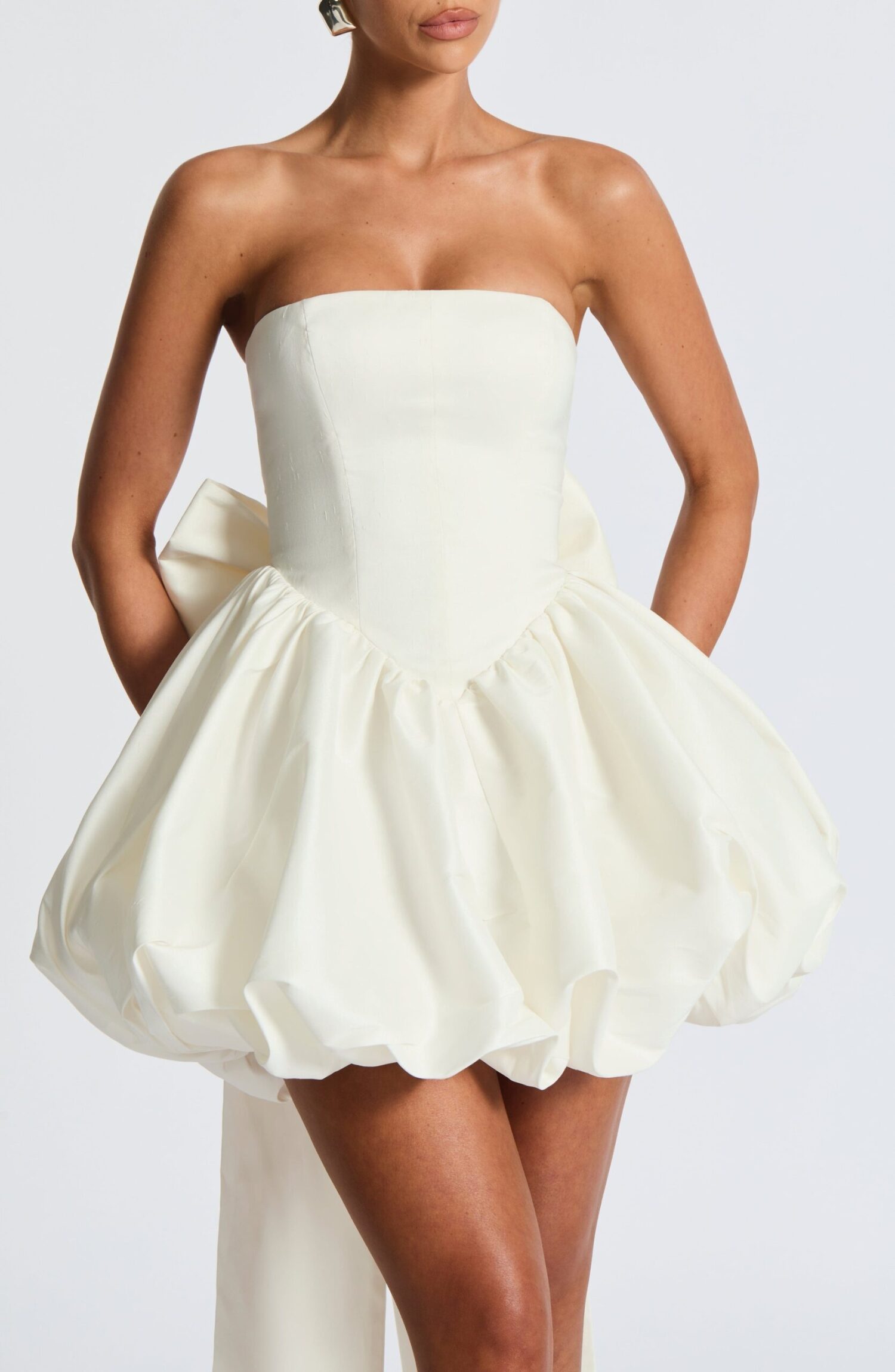 Lotus Mini Dress Ivory Strapless Puff Ball Taffeta Lace-Up Back Bow - Image 5