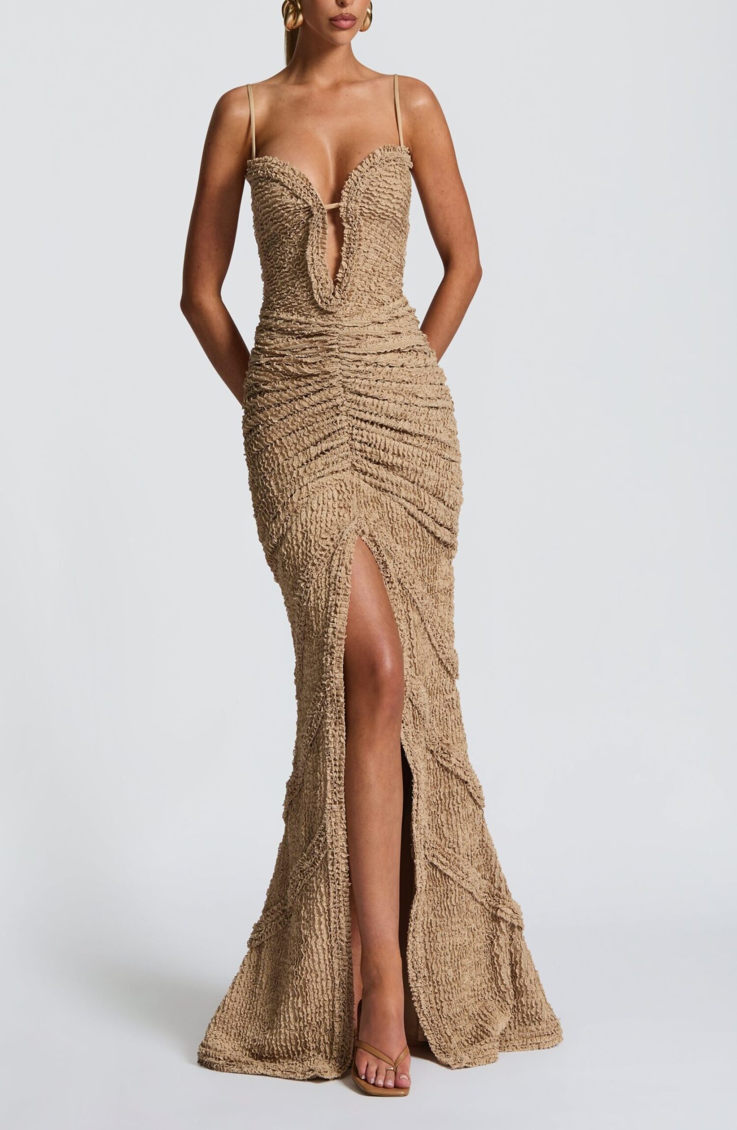 Lysandra Beige Maxi Dress - Textured Cut-Sew, Ruffle Detail - Image 11