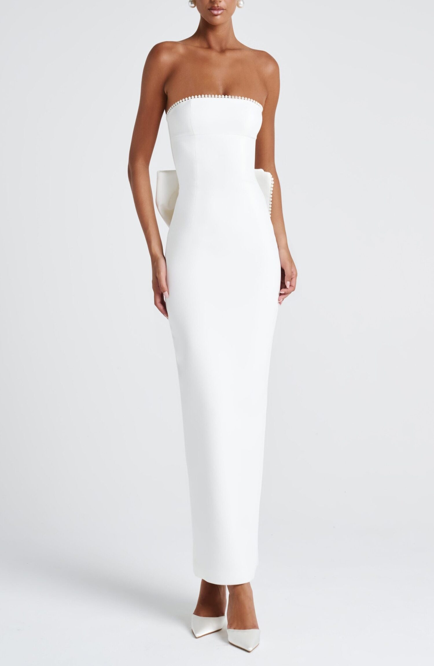 Magnolia Maxi Dress Ivory Strapless Pearl Trim Column Bow - Image 2