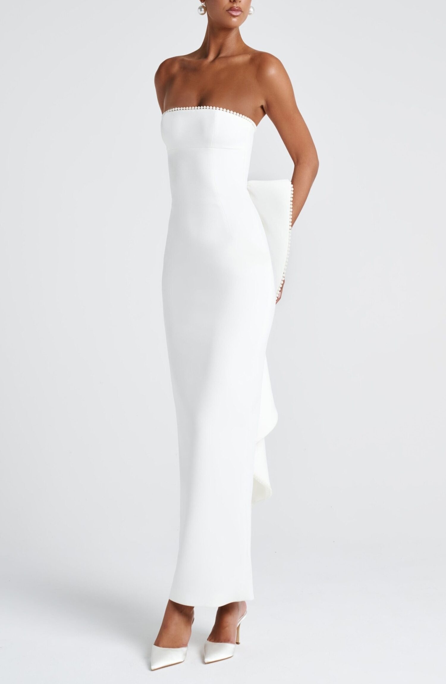Magnolia Maxi Dress Ivory Strapless Pearl Trim Column Bow - Image 4