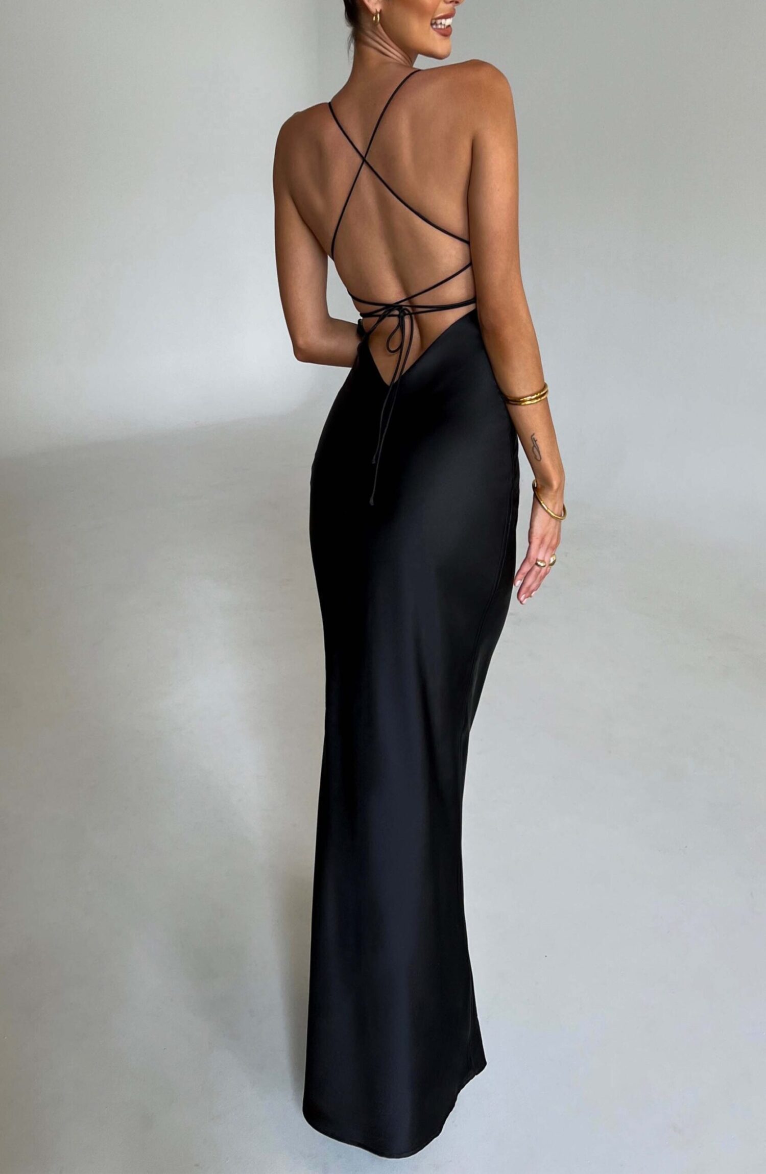 Malika Black Satin Maxi Dress with Low Back & Straps - Image 2