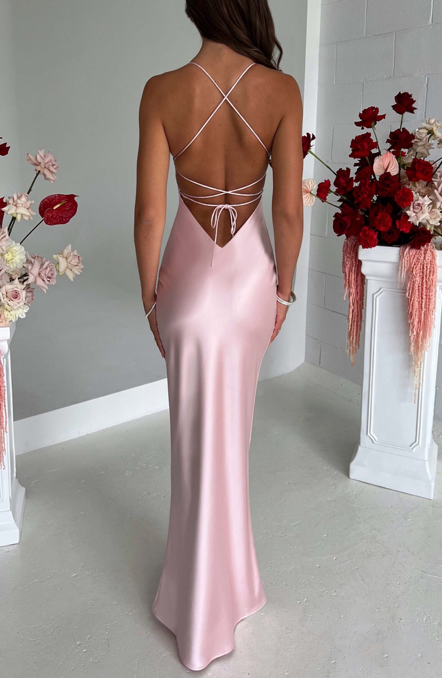 Malika Blush Satin Maxi Dress with Low Back & Straps - Image 2