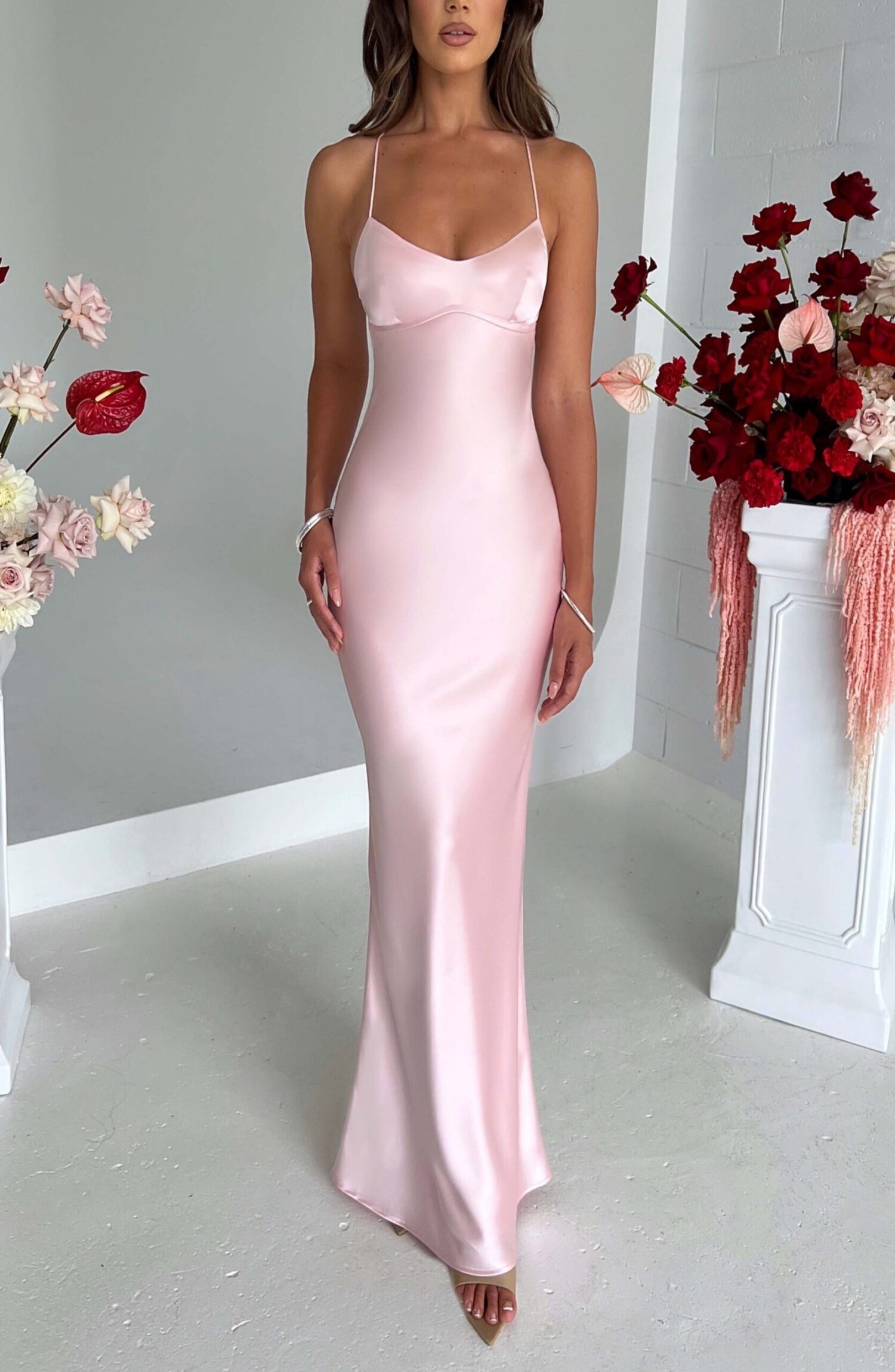 Malika Blush Satin Maxi Dress with Low Back & Straps - Image 4