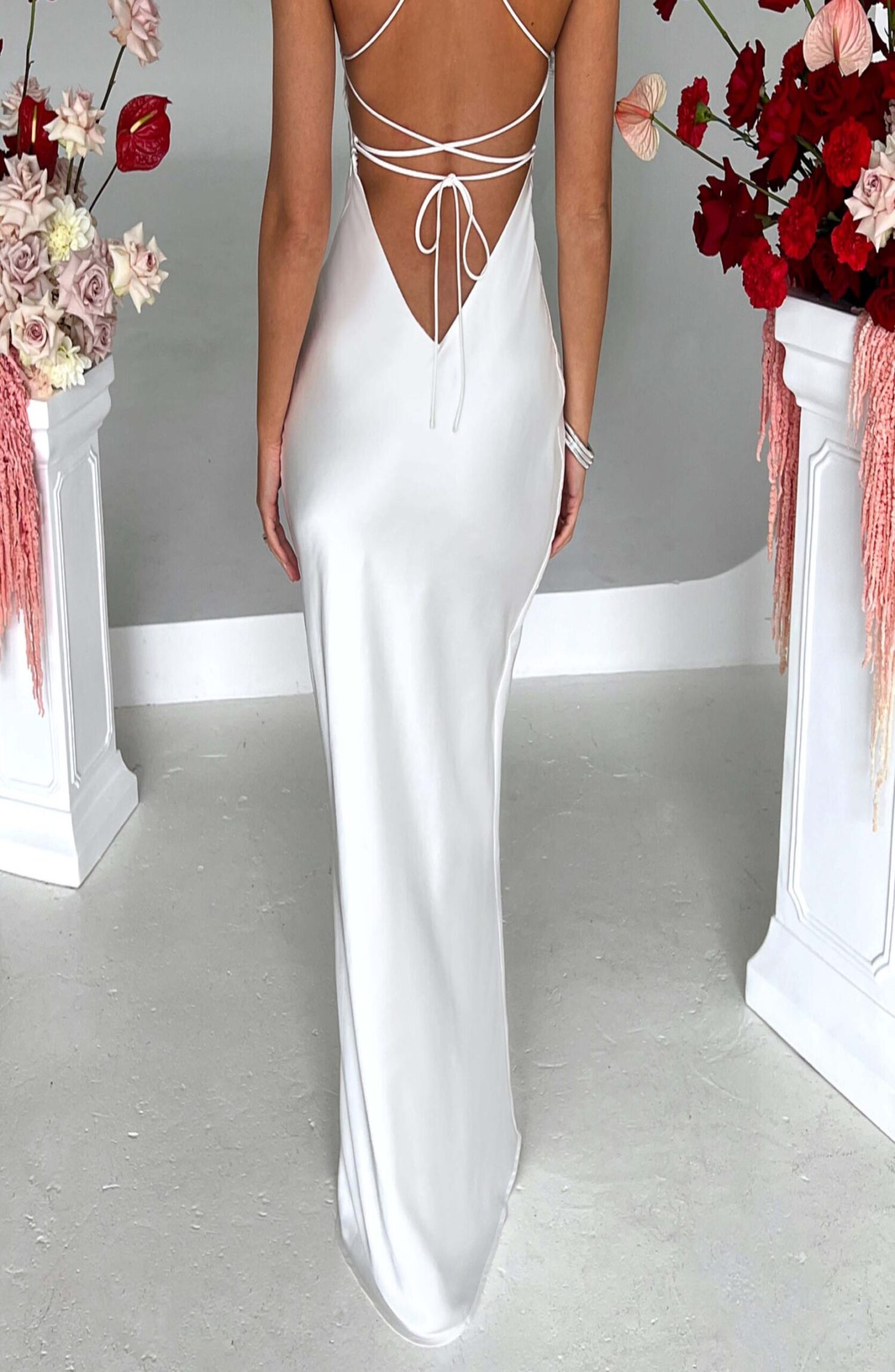 Malika Ivory Satin Maxi Dress with Low Back & Strappy Detail - Image 2