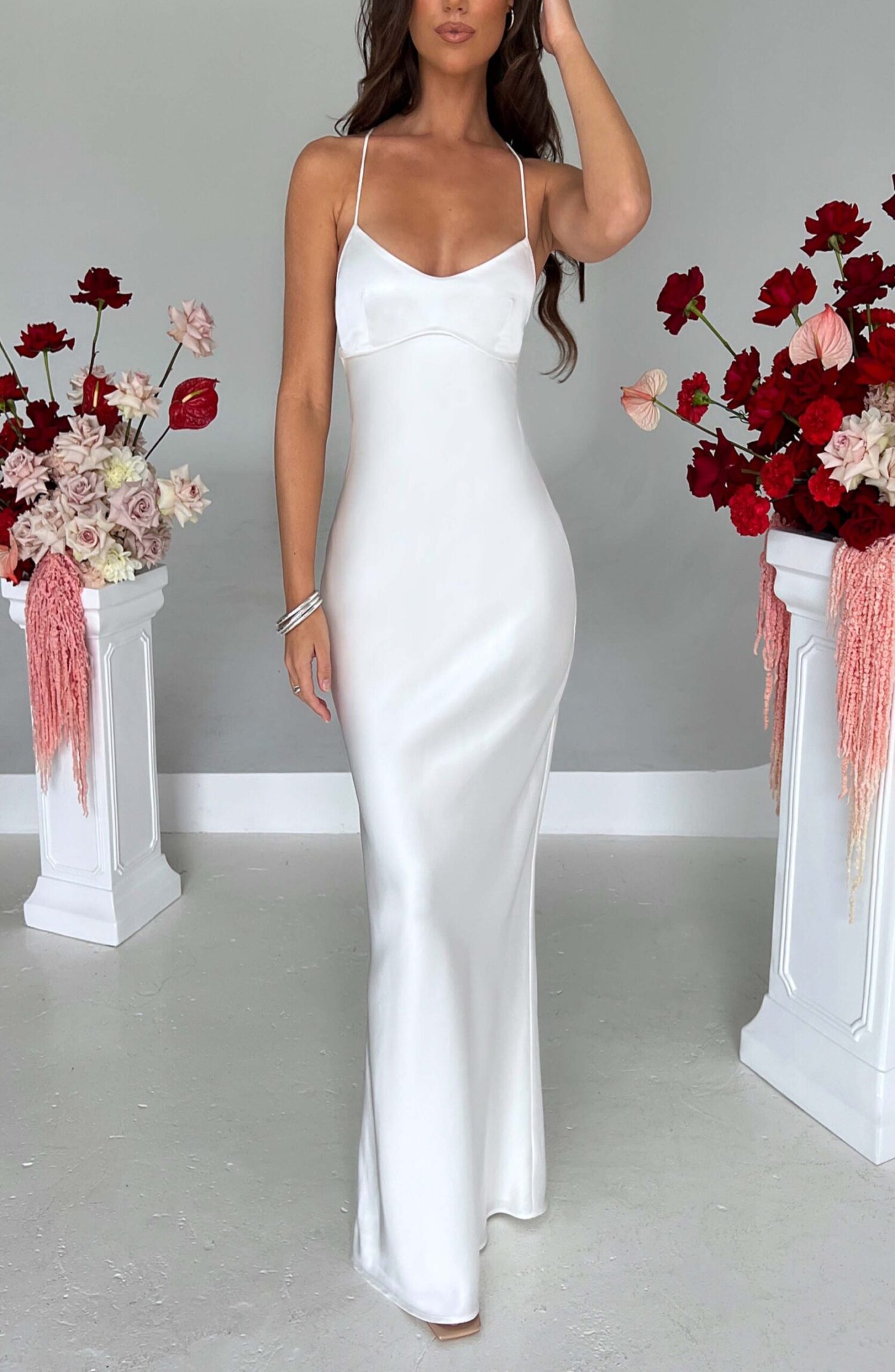 Malika Ivory Satin Maxi Dress with Low Back & Strappy Detail