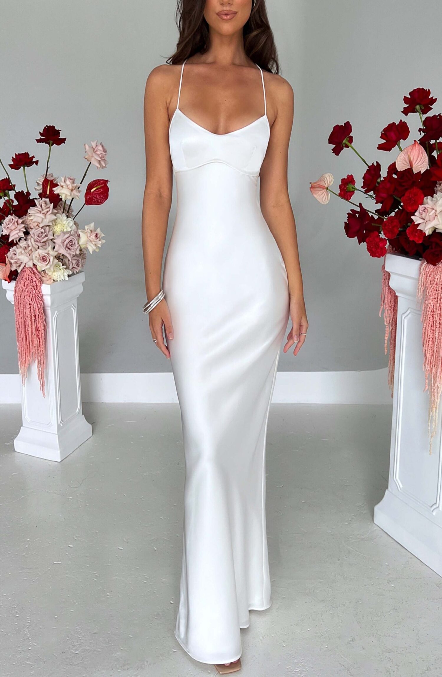 Malika Ivory Satin Maxi Dress with Low Back & Strappy Detail - Image 3