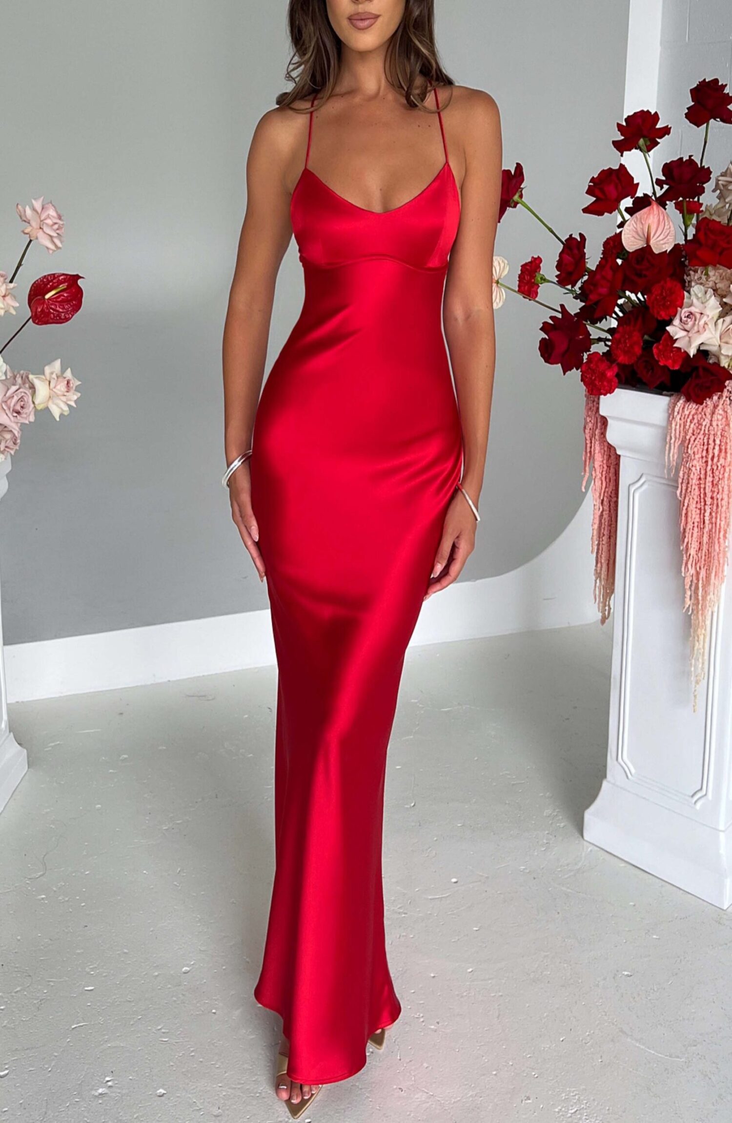 Malika Red Satin Maxi Dress with Low Back & Strappy Detail - Image 5