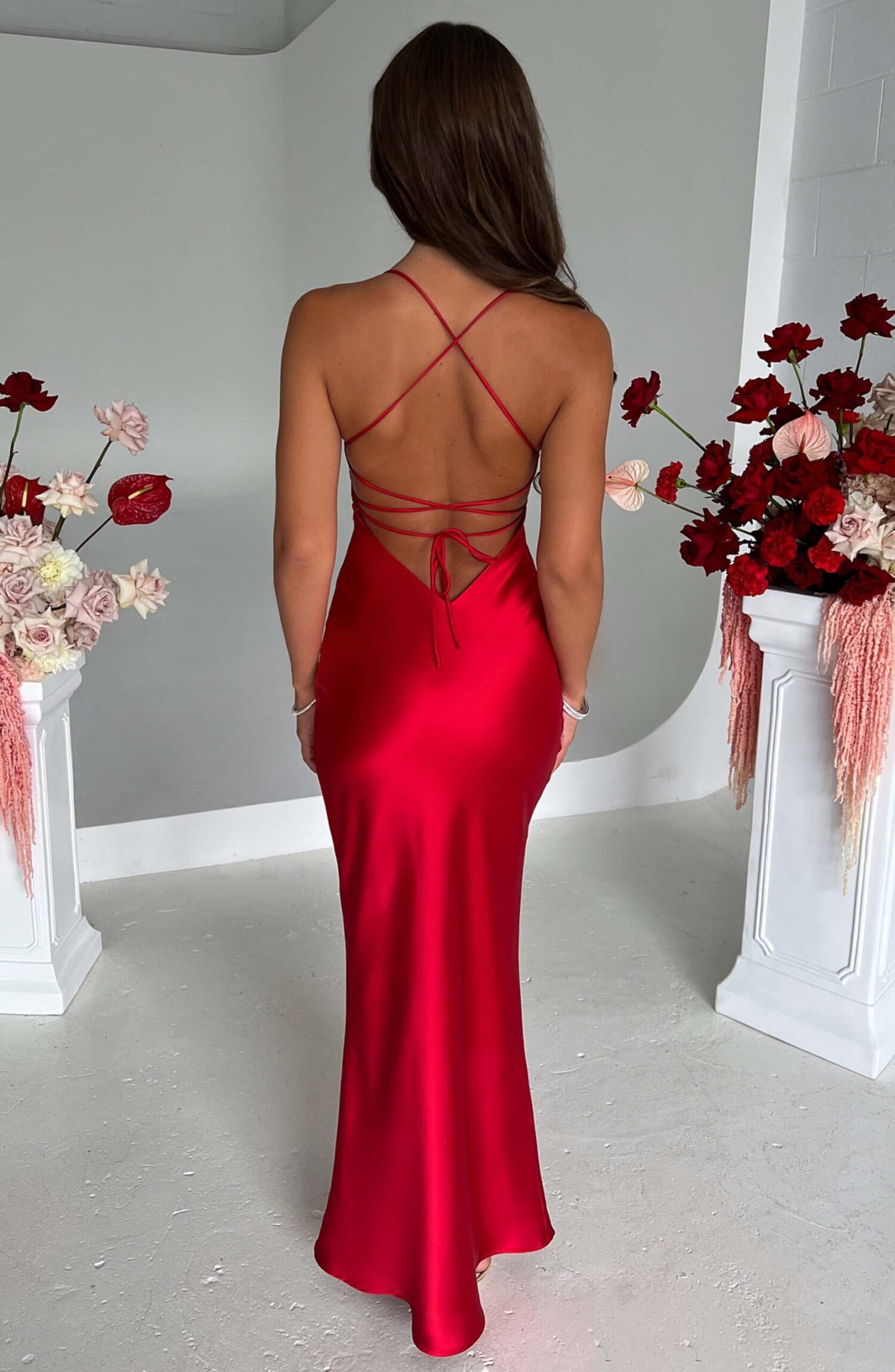 Malika Red Satin Maxi Dress with Low Back & Strappy Detail - Image 6