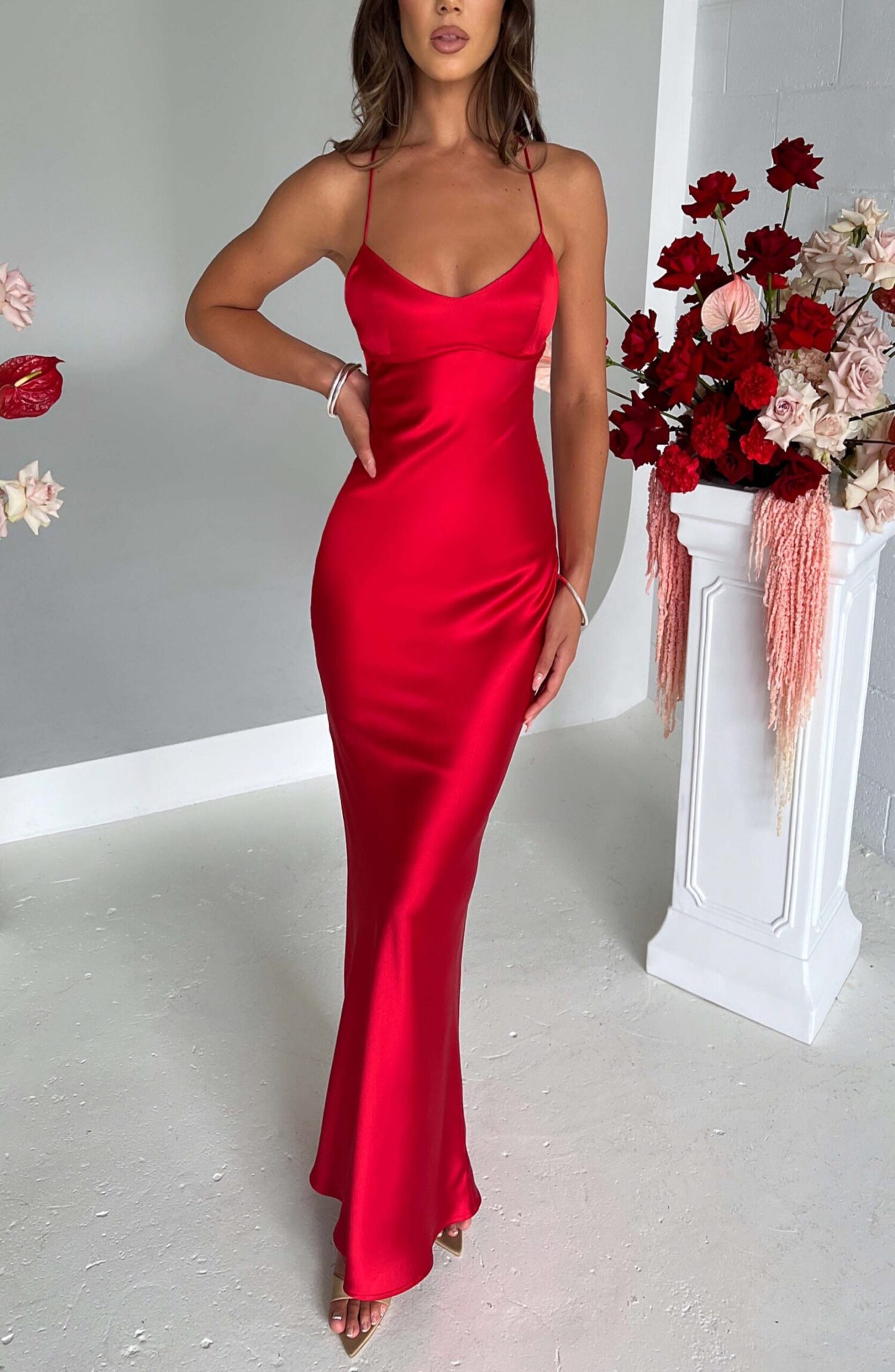 Malika Red Satin Maxi Dress with Low Back & Strappy Detail - Image 3