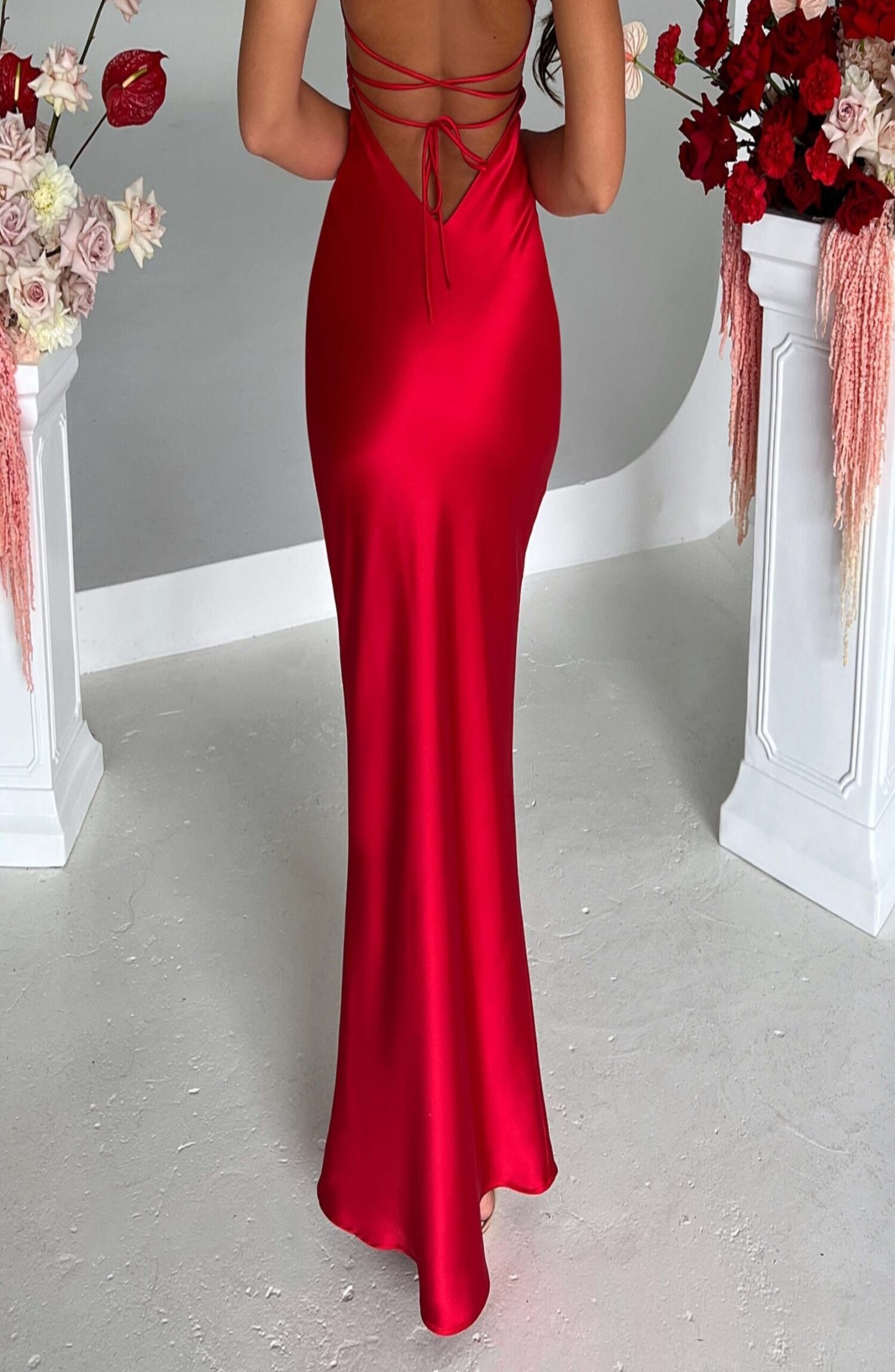 Malika Red Satin Maxi Dress with Low Back & Strappy Detail - Image 2