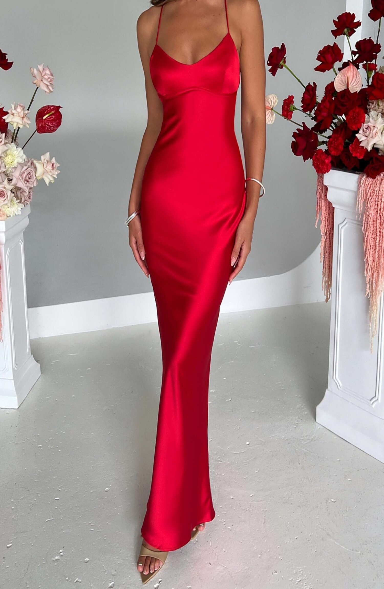 Malika Red Satin Maxi Dress with Low Back & Strappy Detail - Image 7