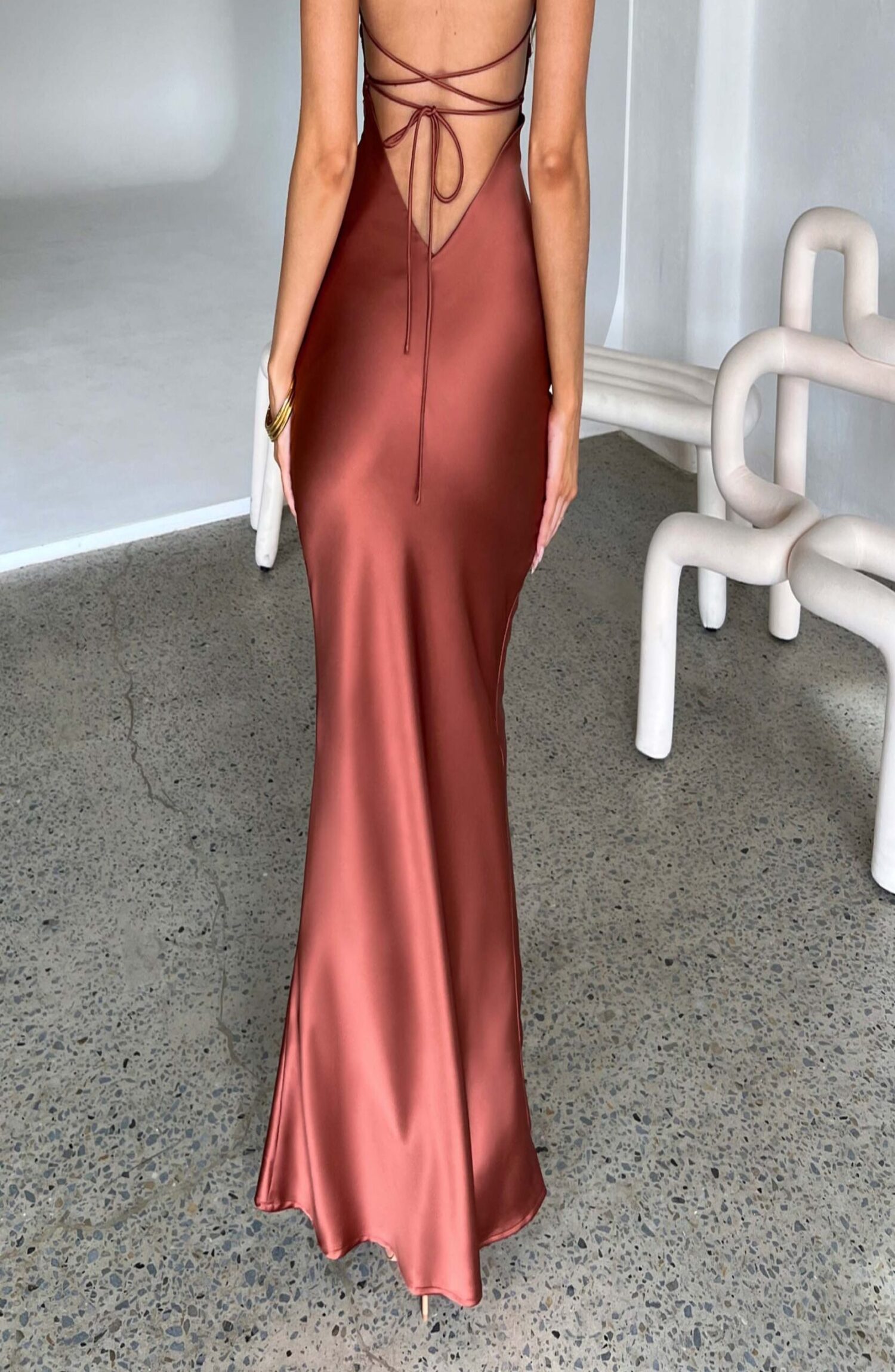 Malika Rust Satin Maxi Dress with Low Back & Straps - Image 2
