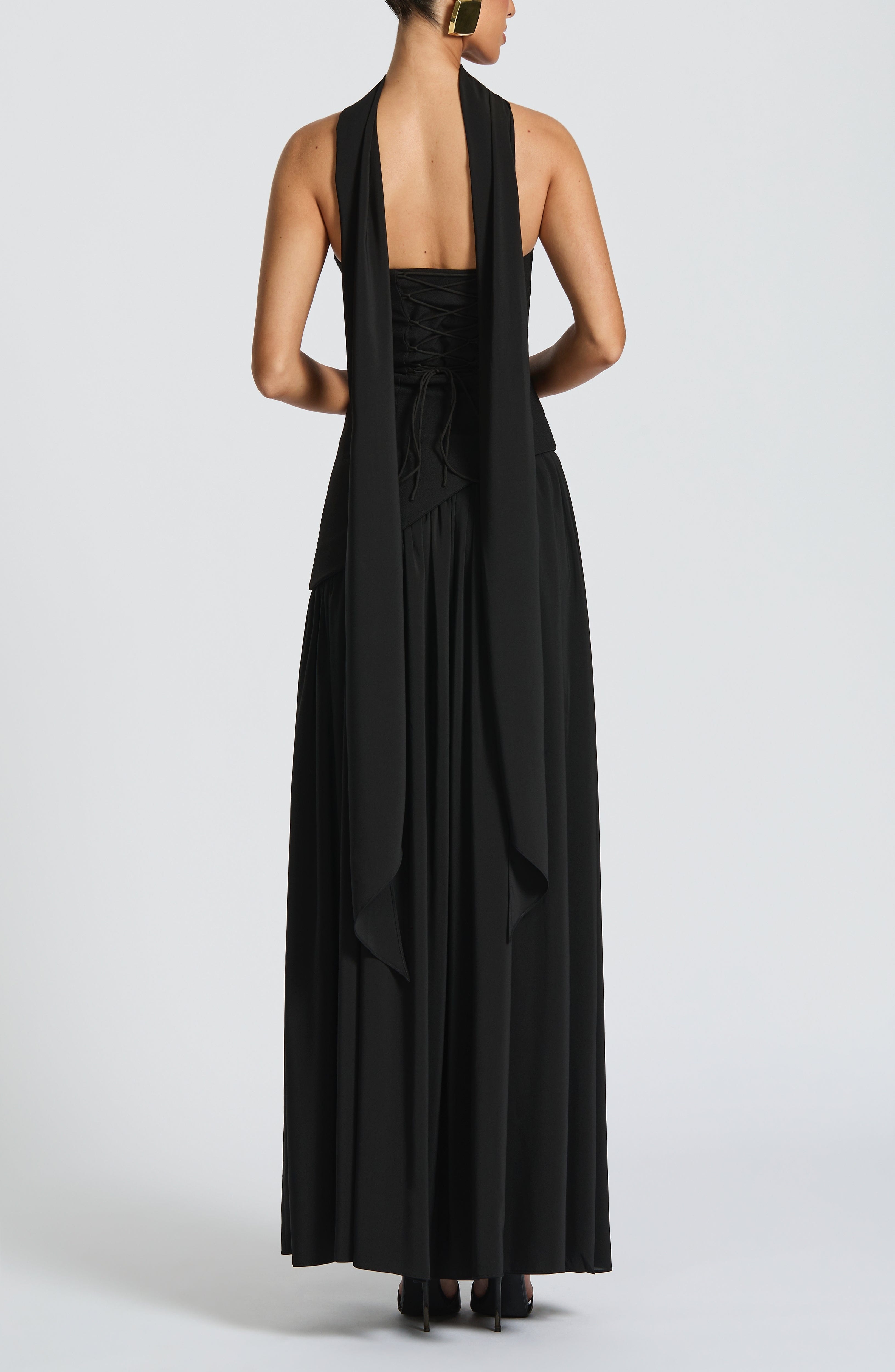 Maliyah Black Maxi Dress - Elegant Crepe Bodice, Chiffon Skirt, Lace-Up Back - Image 3