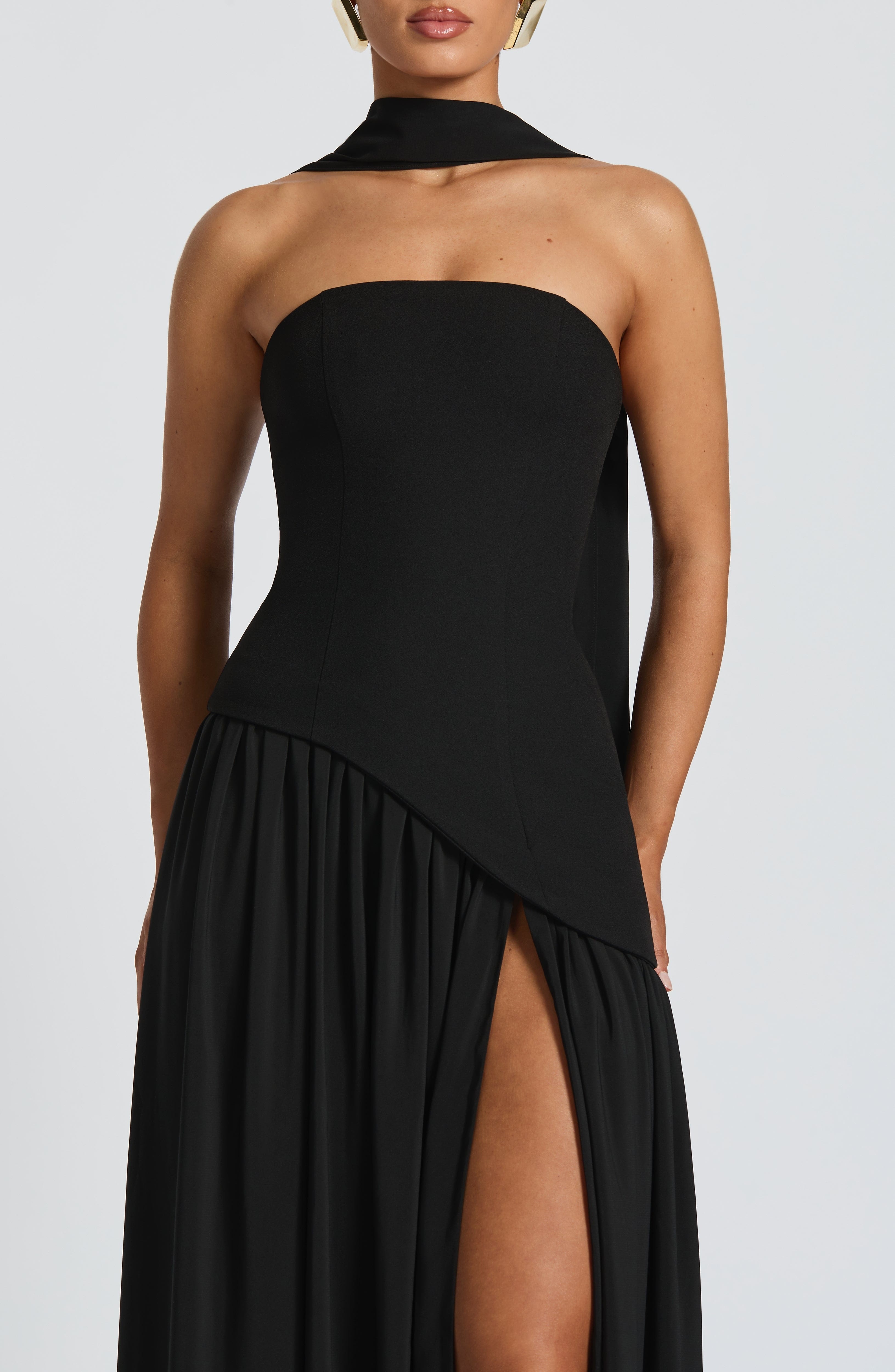 Maliyah Black Maxi Dress - Elegant Crepe Bodice, Chiffon Skirt, Lace-Up Back - Image 4