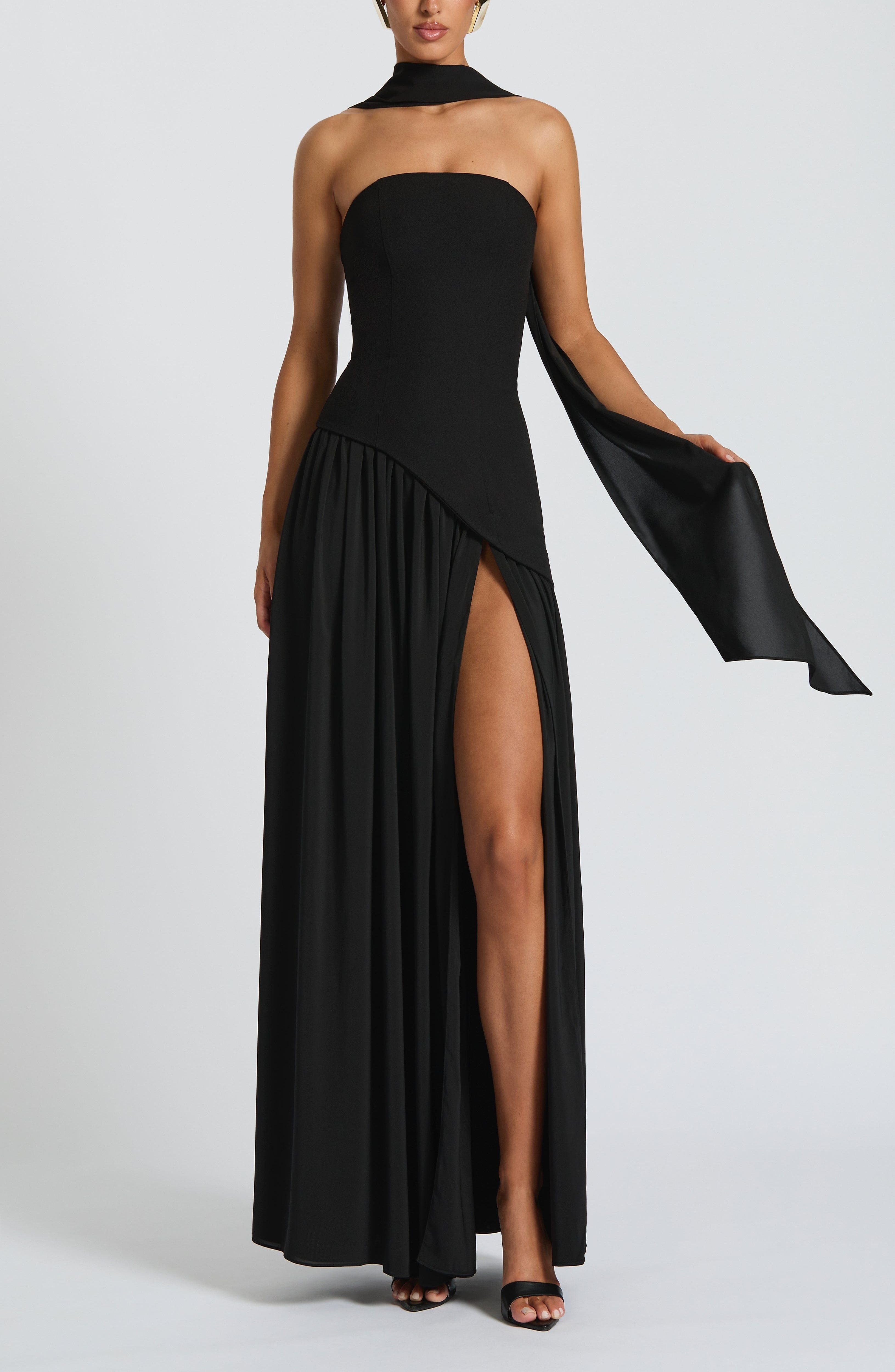 Maliyah Black Maxi Dress - Elegant Crepe Bodice, Chiffon Skirt, Lace-Up Back