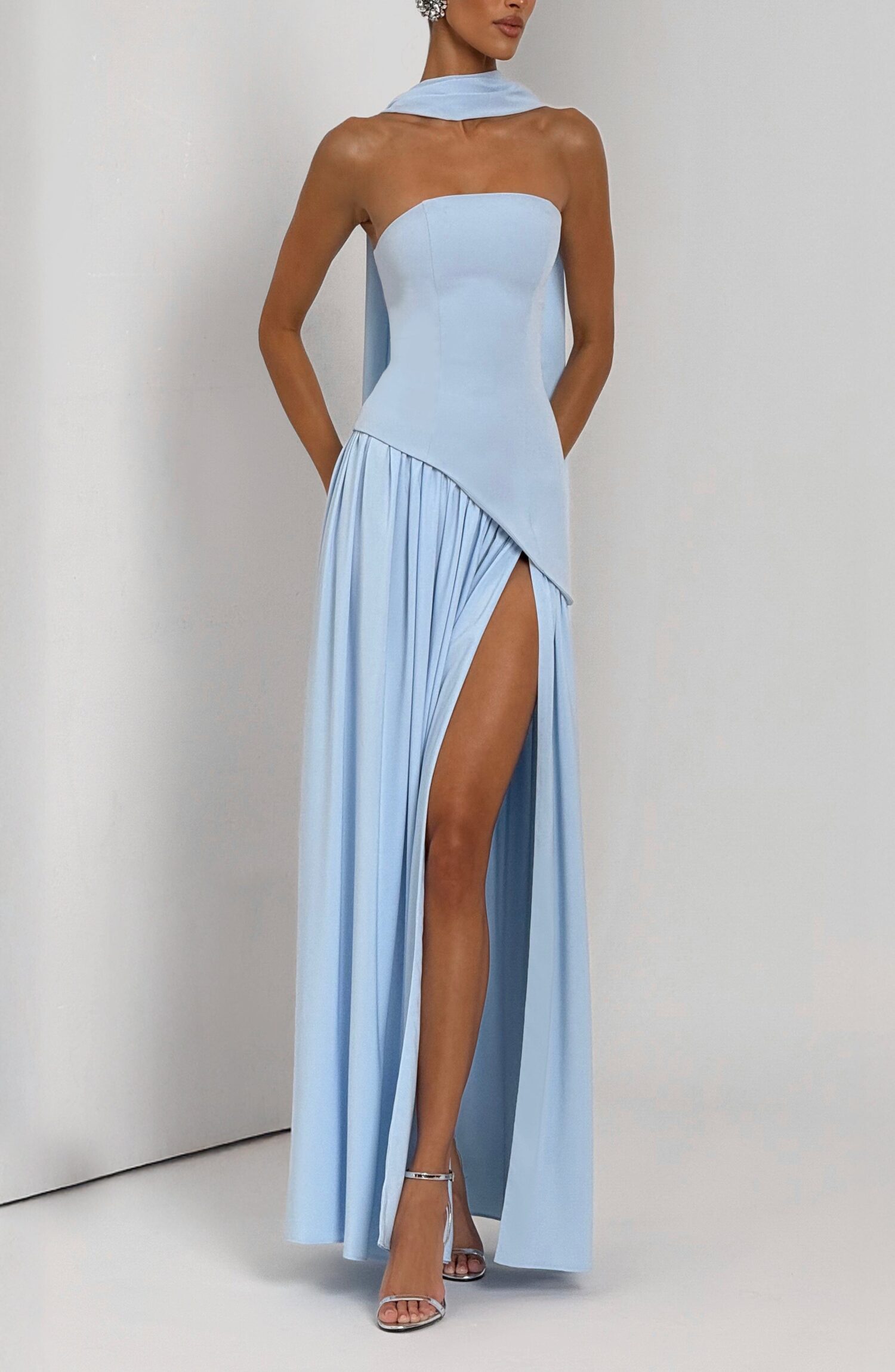 Maliyah Maxi Dress Baby Blue Lace-Up Chiffon Skirt Split - Image 13