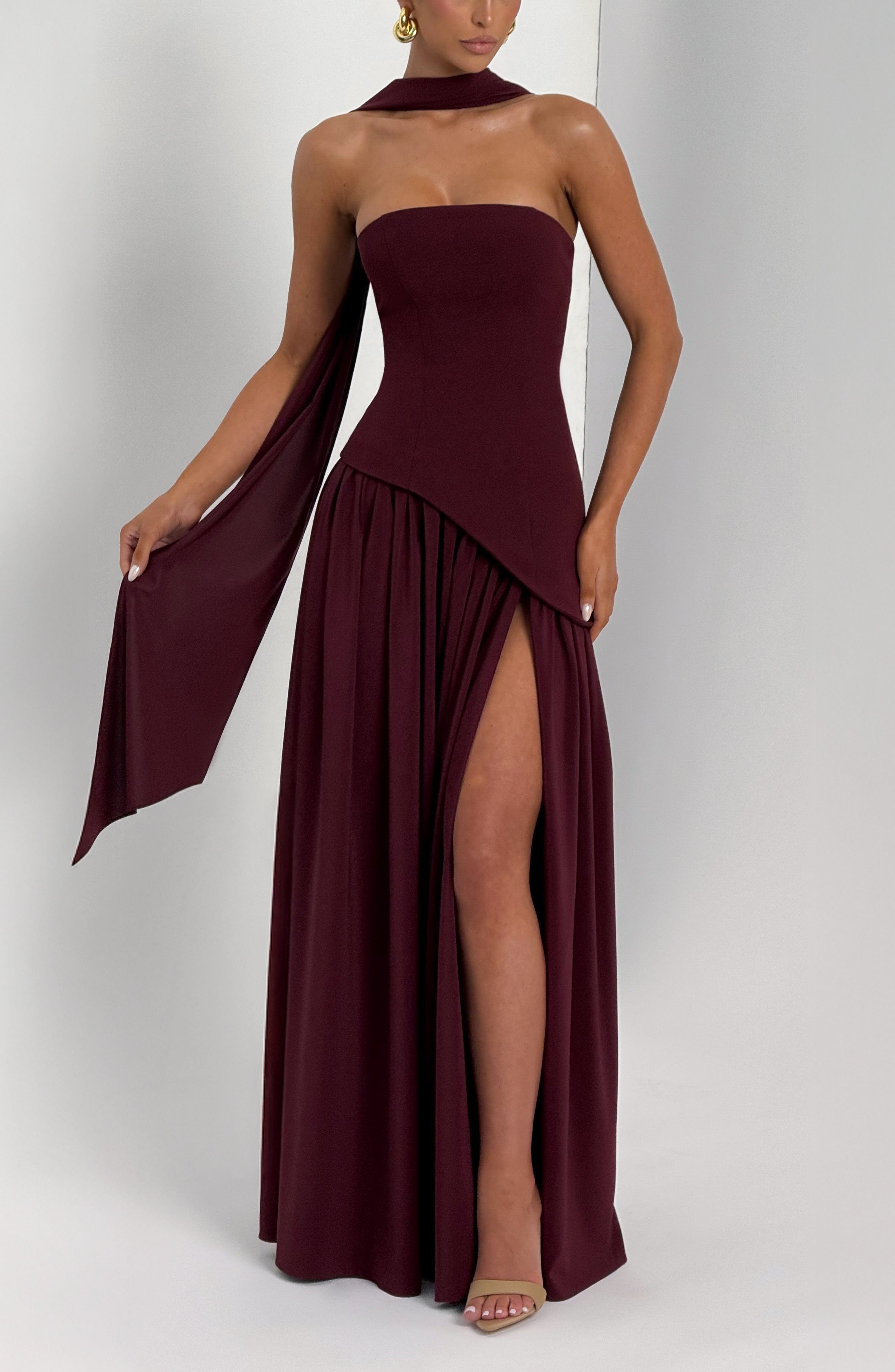 Maliyah Maxi Dress Cherry Lacquer - Elegant Asymmetrical Crepe & Chiffon Gown