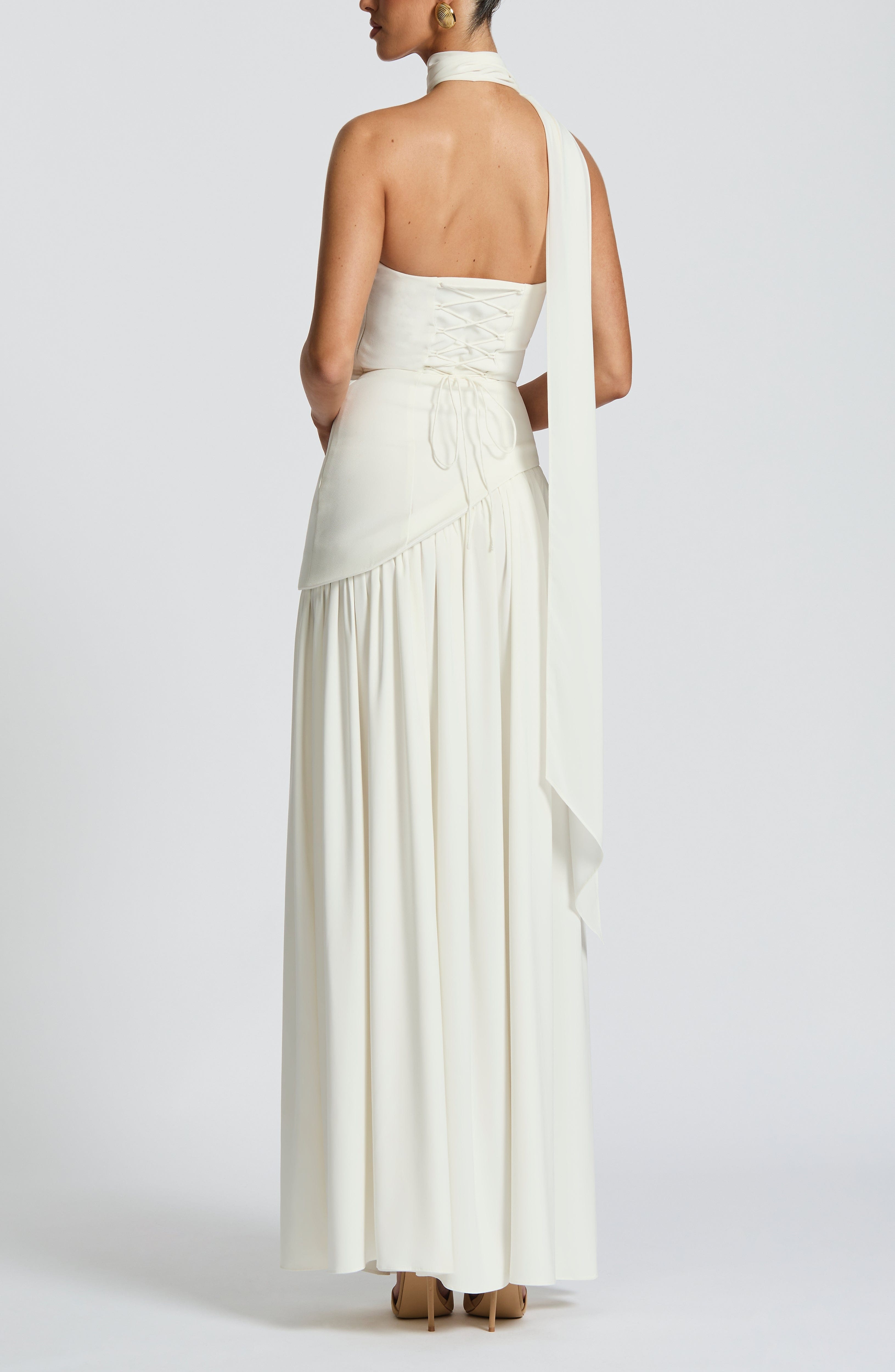 Maliyah Maxi Dress Ivory - Elegant Crepe & Chiffon Gown with Lace-Up Back - Image 3