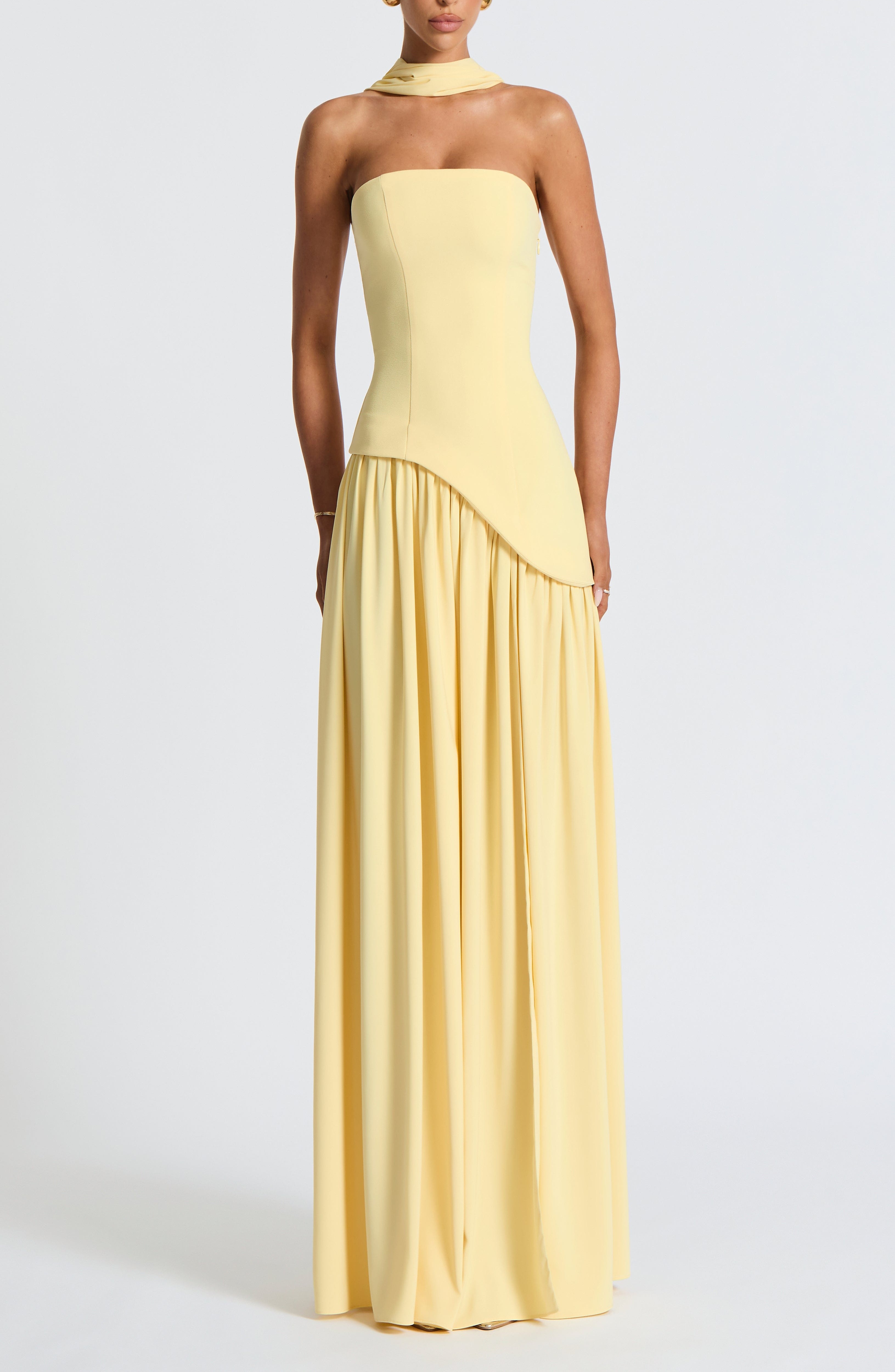 Maliyah Maxi Dress Lemon Chiffon Scarf Thigh Split Lace Up Back - Image 7