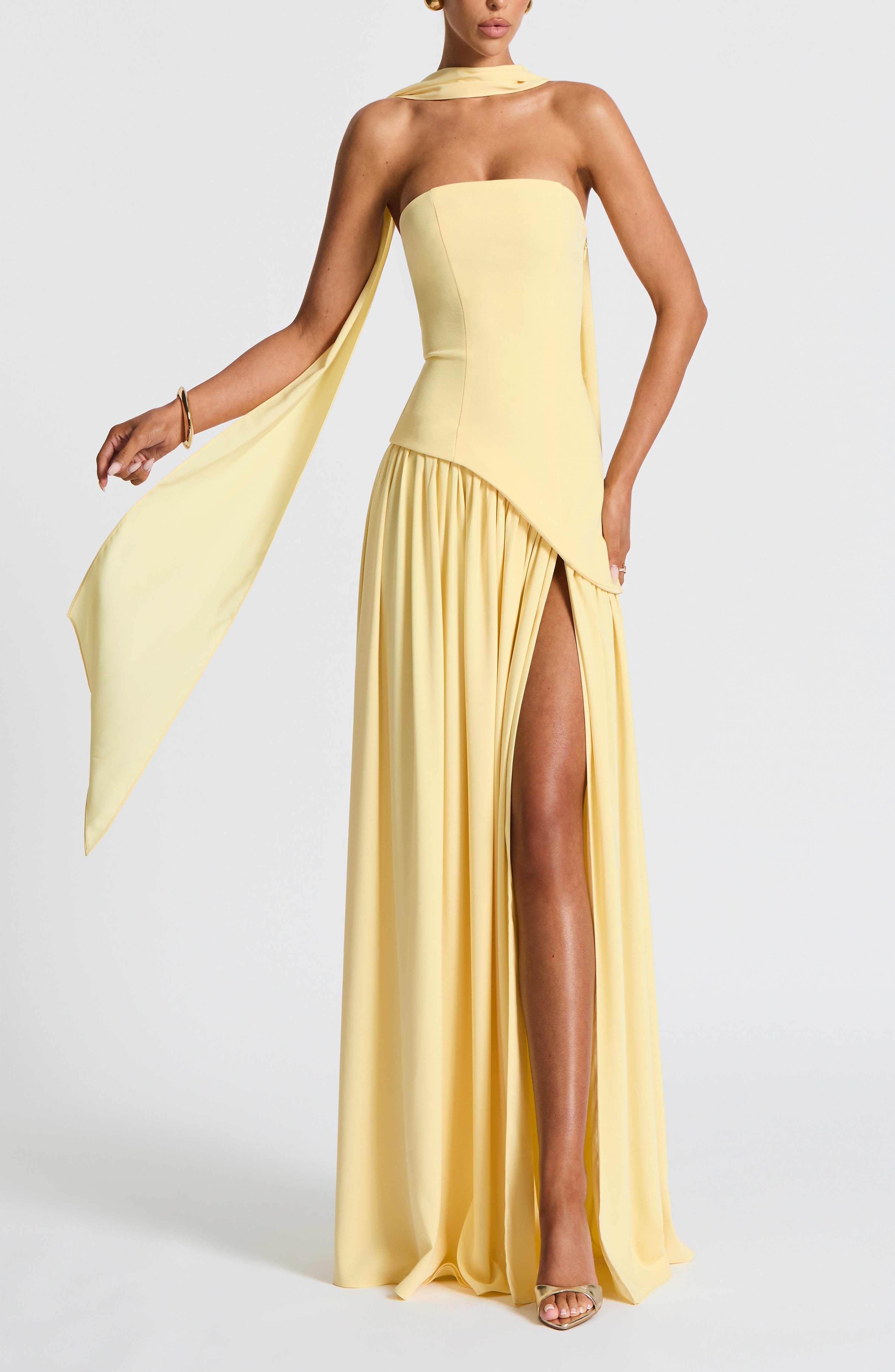 Maliyah Maxi Dress Lemon Chiffon Scarf Thigh Split Lace Up Back - Image 2