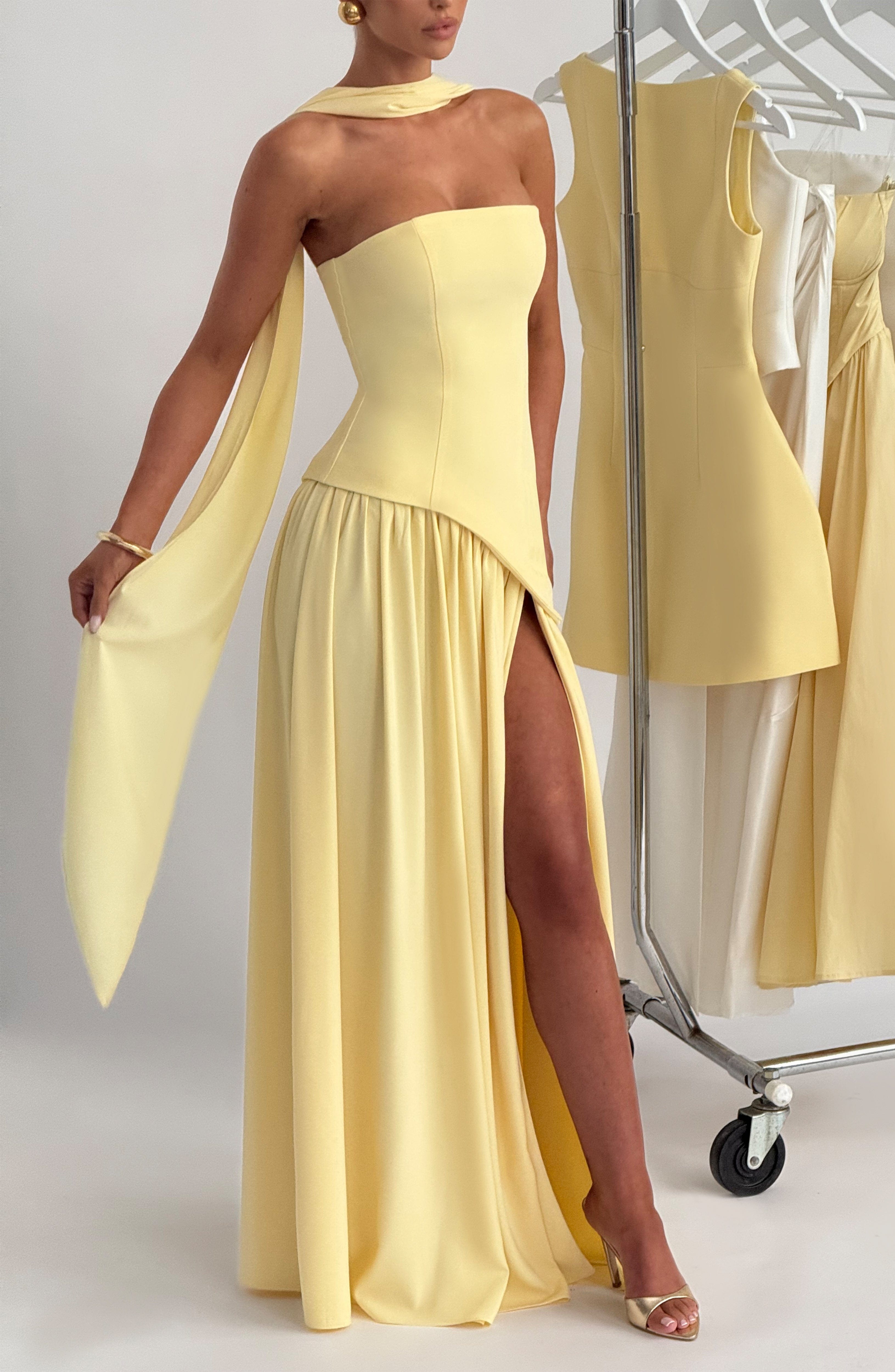 Maliyah Maxi Dress Lemon Chiffon Scarf Thigh Split Lace Up Back - Image 5