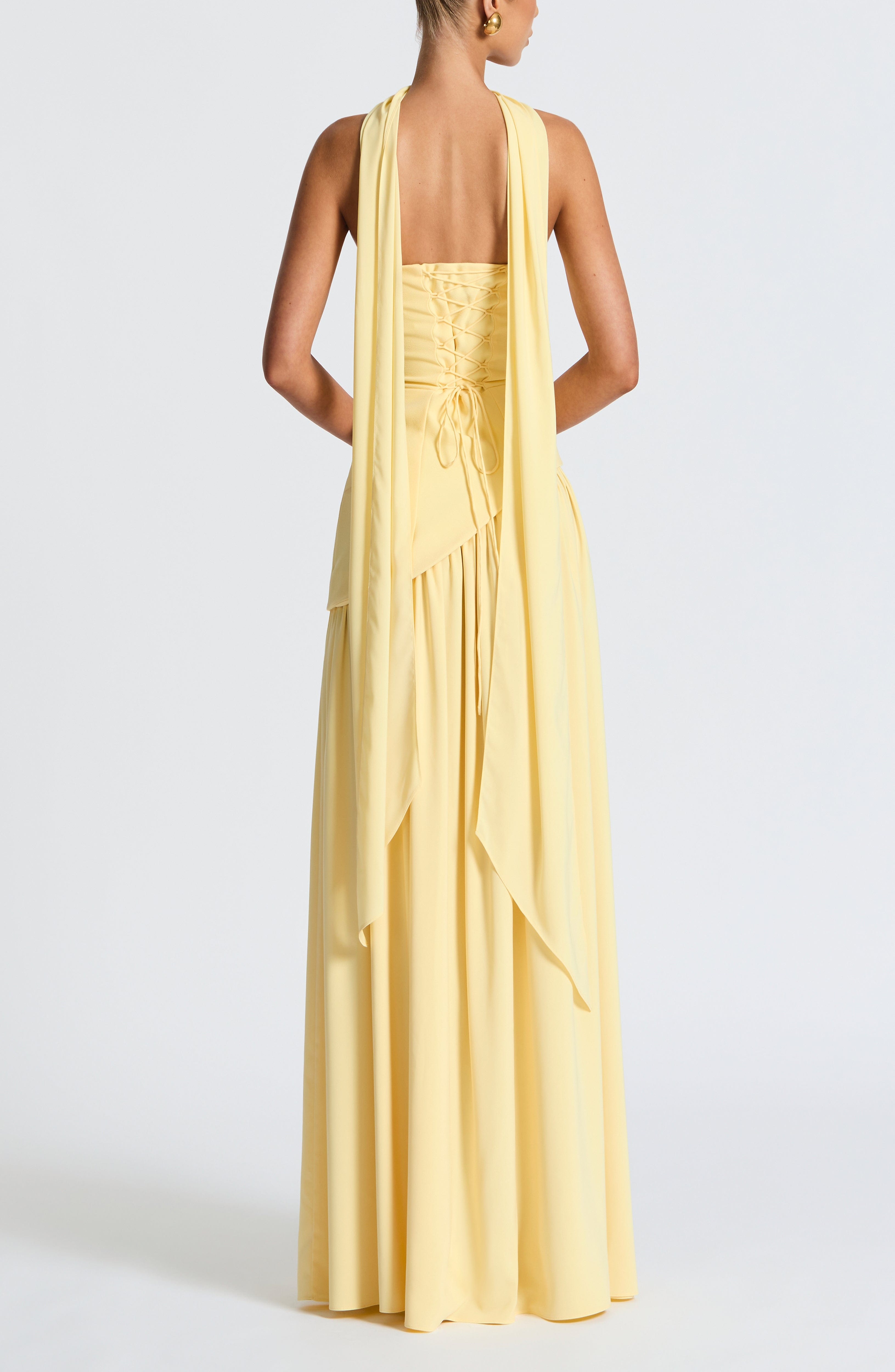 Maliyah Maxi Dress Lemon Chiffon Scarf Thigh Split Lace Up Back - Image 4