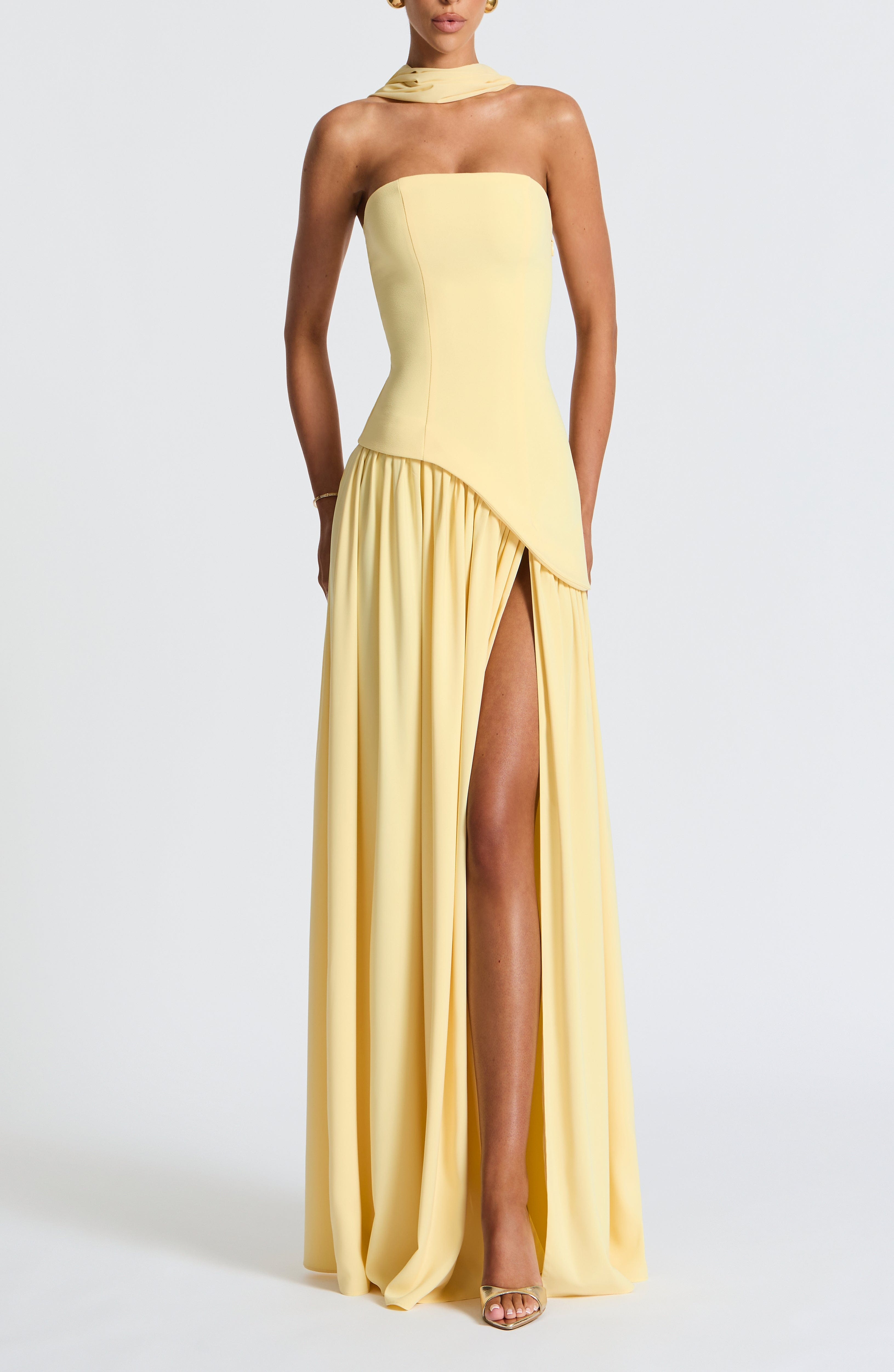 Maliyah Maxi Dress Lemon Chiffon Scarf Thigh Split Lace Up Back - Image 13