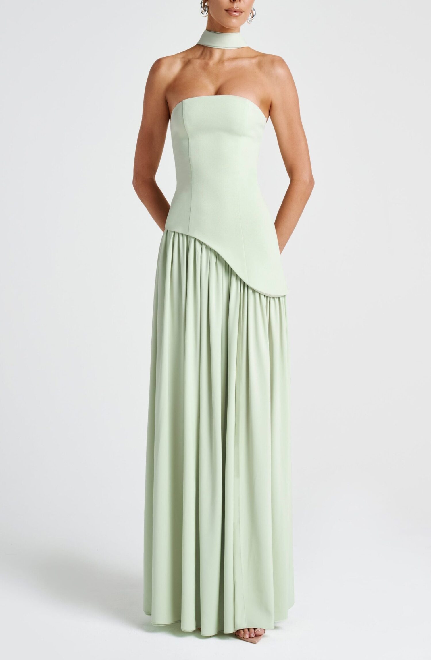 Maliyah Maxi Dress Mint Strapless Lace-Up Crepe Chiffon Split Scarf - Image 9