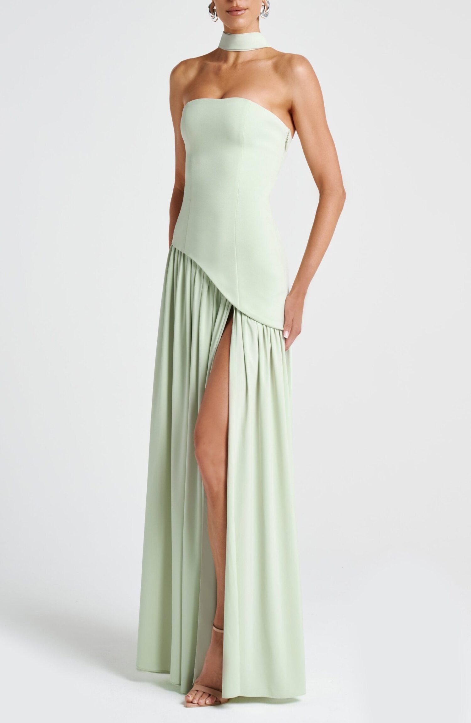 Maliyah Maxi Dress Mint Strapless Lace-Up Crepe Chiffon Split Scarf - Image 6