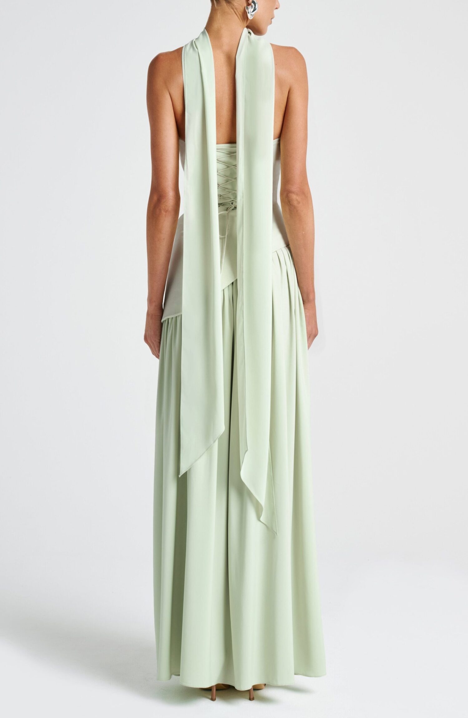 Maliyah Maxi Dress Mint Strapless Lace-Up Crepe Chiffon Split Scarf - Image 5