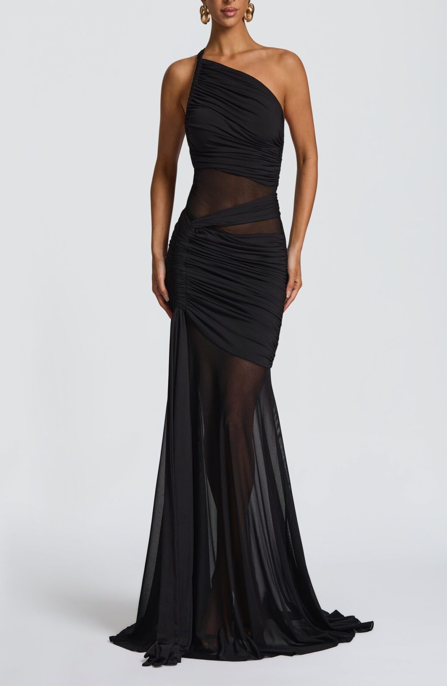 Marianne Black Maxi Dress: Elegant Asymmetric Neckline, Flared Jersey & Mesh