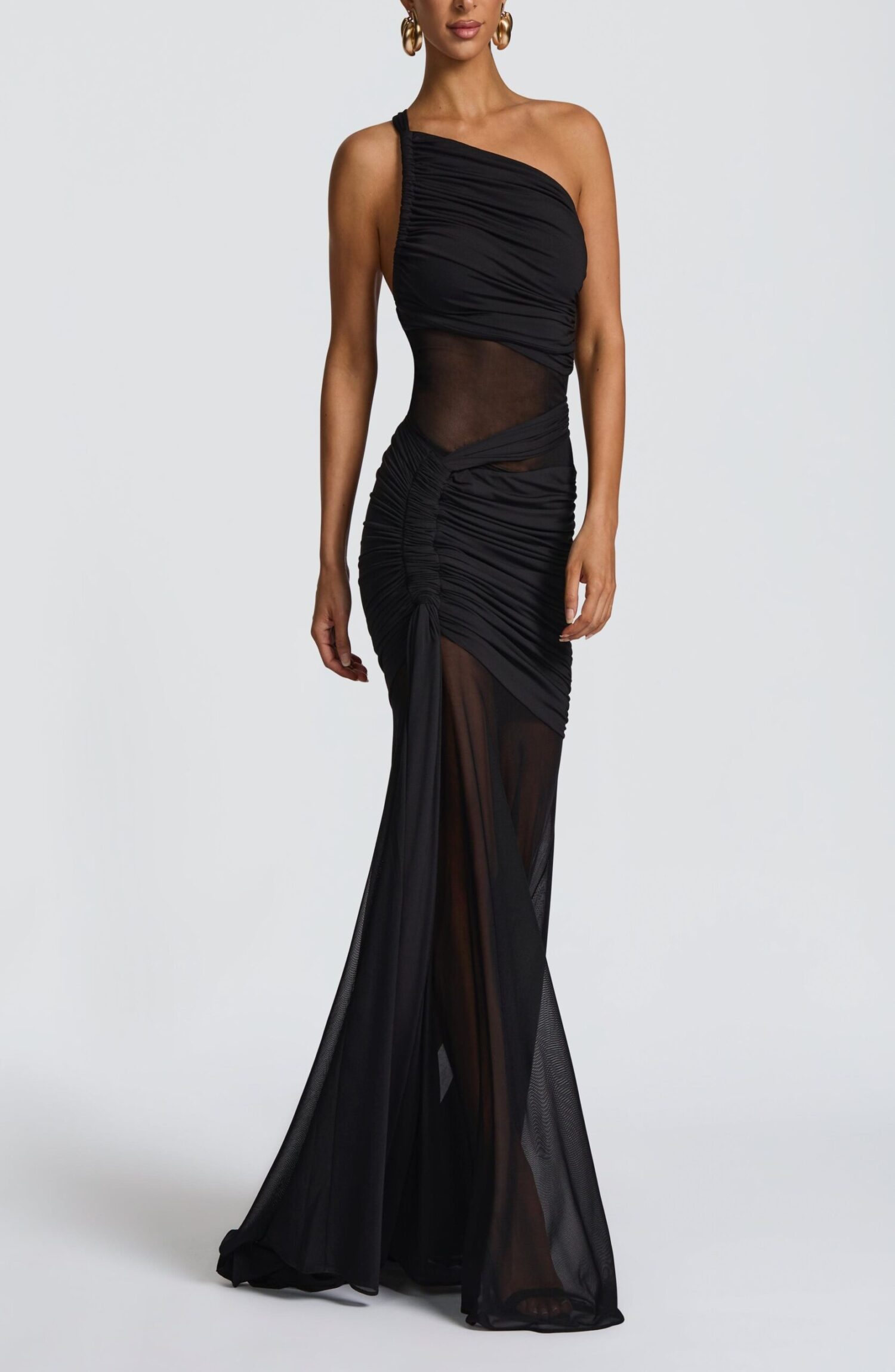 Marianne Black Maxi Dress: Elegant Asymmetric Neckline, Flared Jersey & Mesh - Image 2